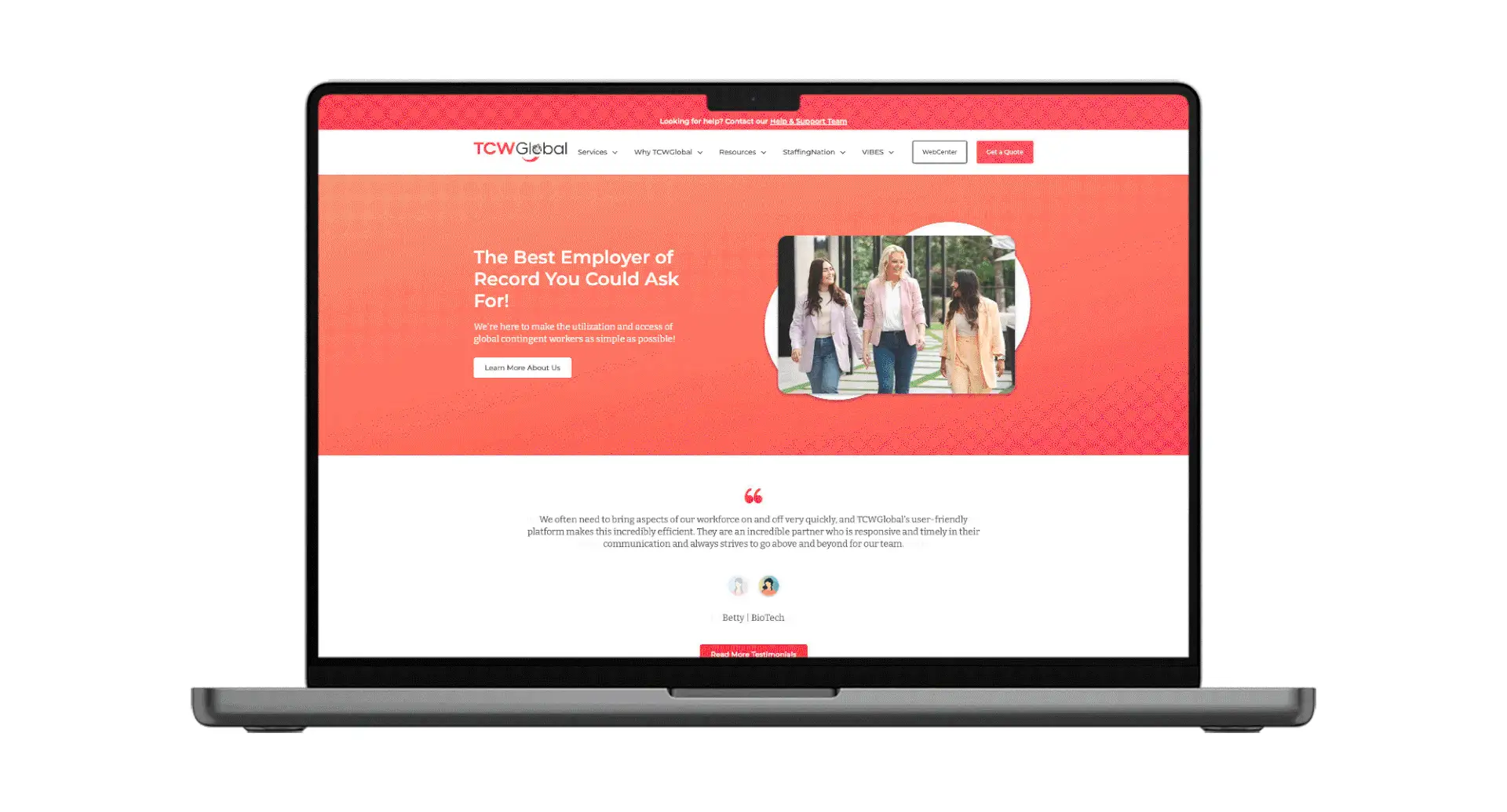 Laptop mockup of the TCWGlobal homepage hero headline about being the best employer of record, with team photo