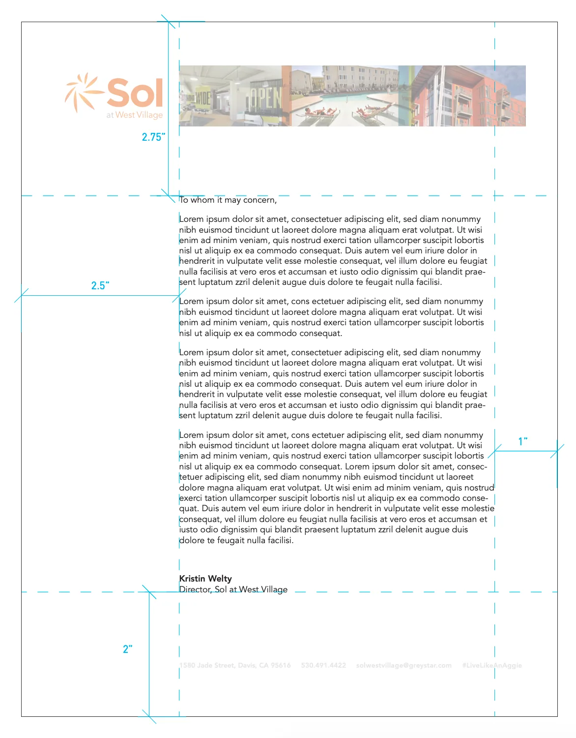 Sol at West Village letterhead template with a property photo banner, placeholder body copy, and a director's signature block