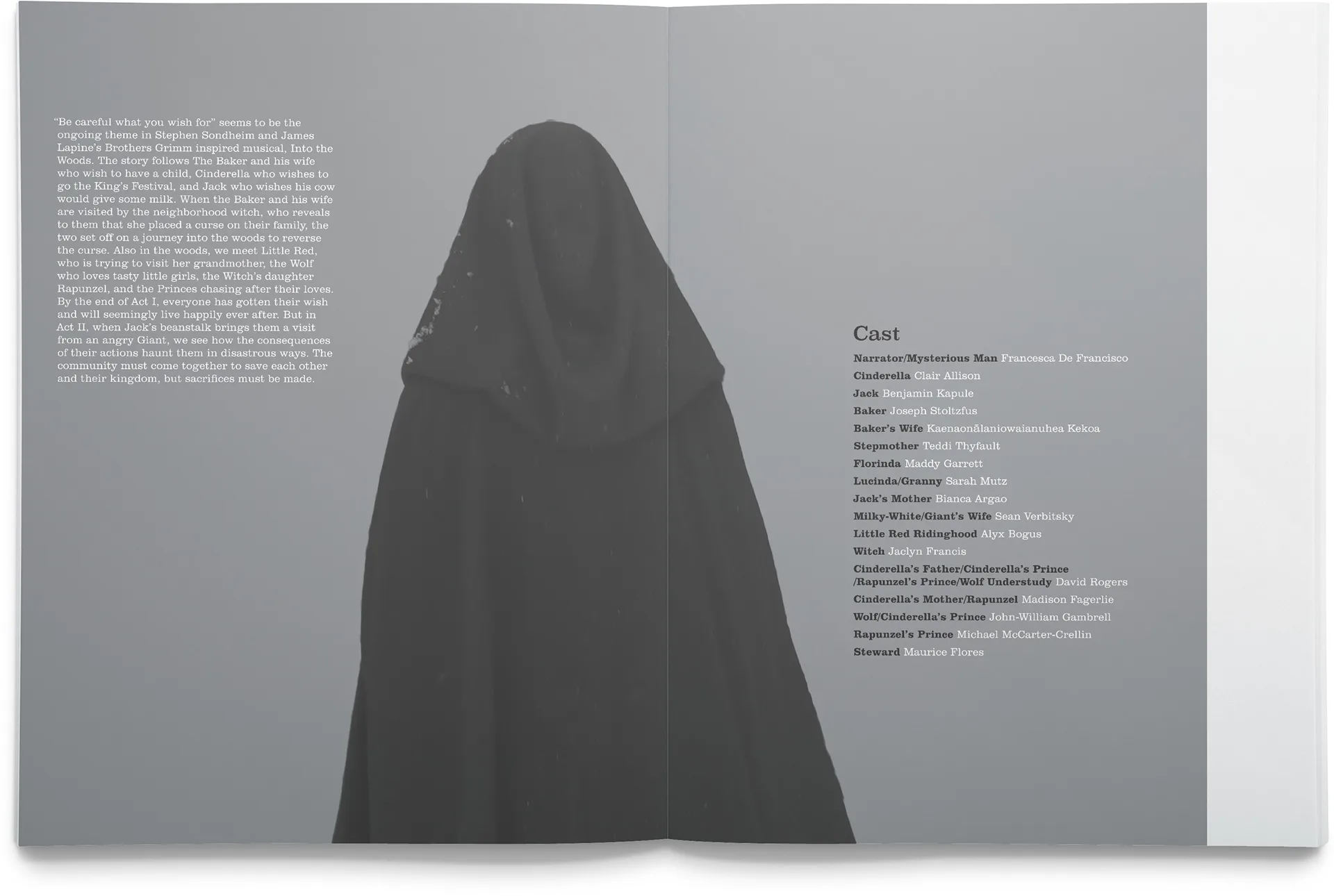 Into the Woods program spread with a cloaked witch photo and the full cast list