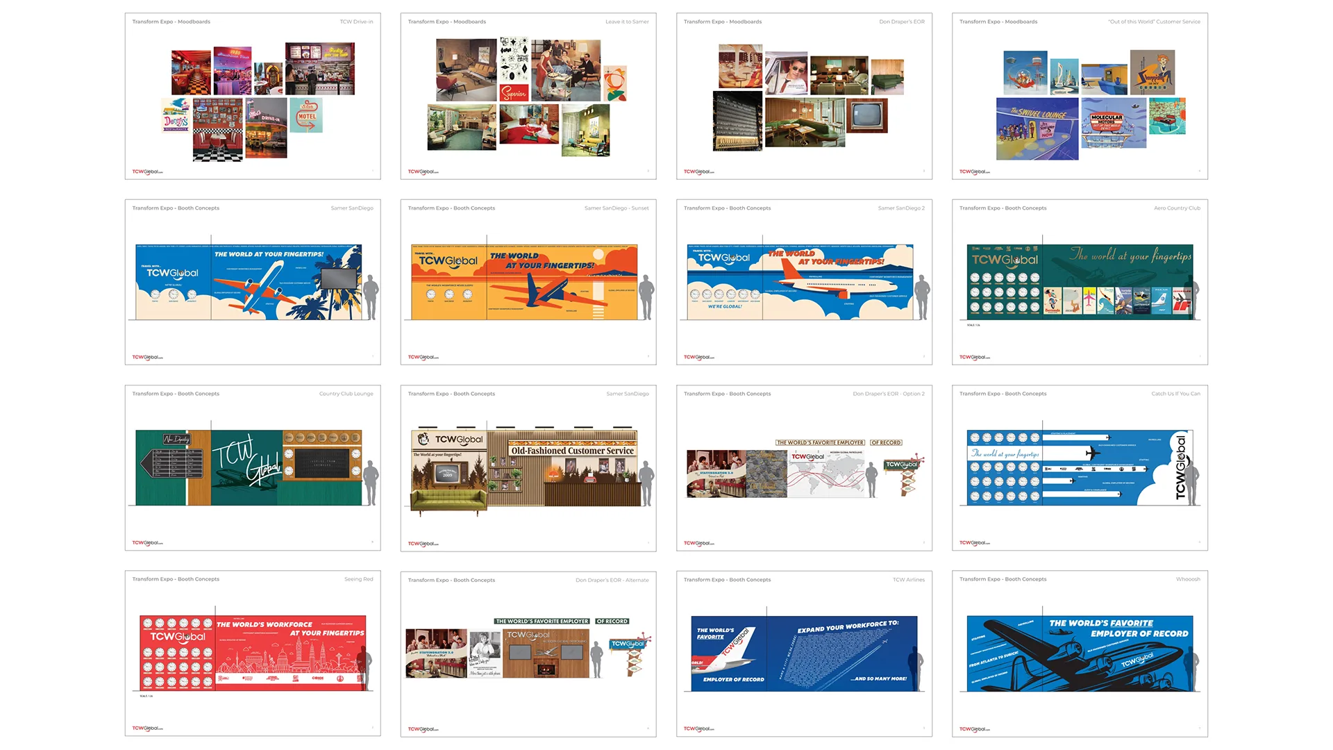 Grid of sixteen TCWGlobal campaign banner ad thumbnails in varied retro color palettes and headlines
