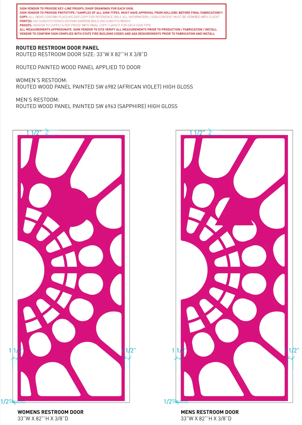 Routed restroom door panel spec showing a pink perforated pattern for the women's and men's doors