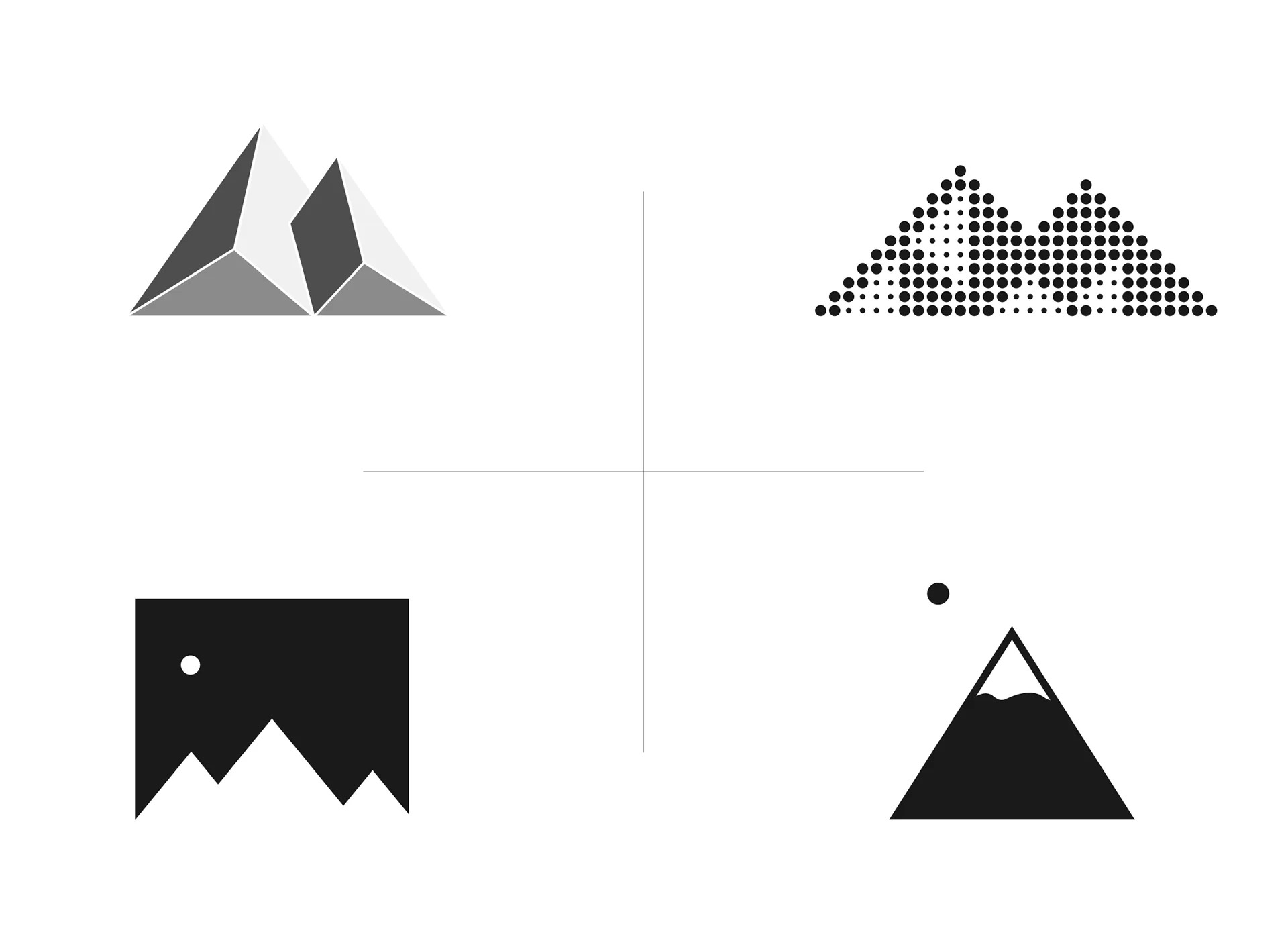 Four-quadrant icon exploration comparing faceted, dotted, and outlined mountain mark studies
