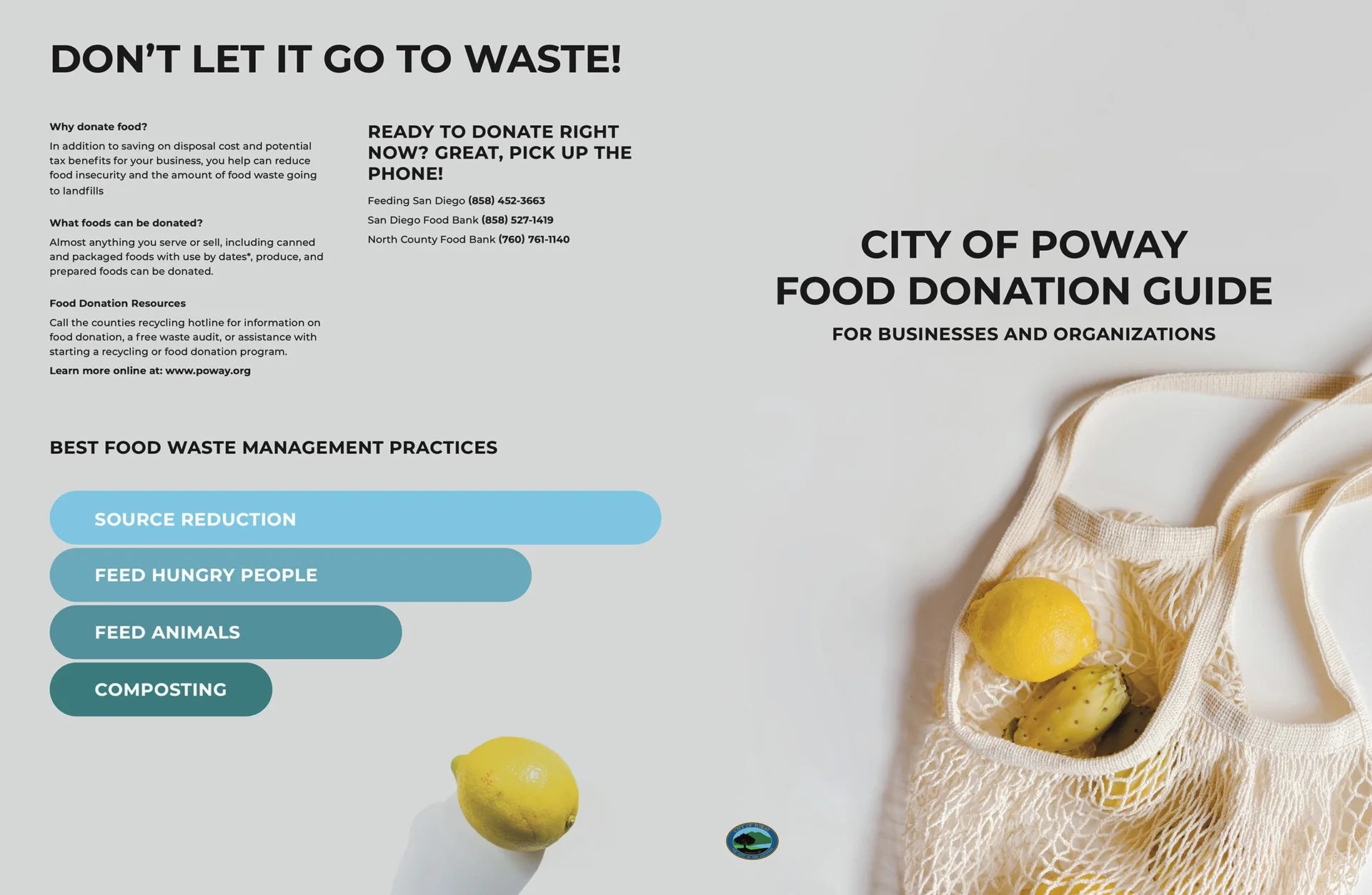 City of Poway Food Donation Guide cover, with text on food waste practices and a mesh bag of lemons