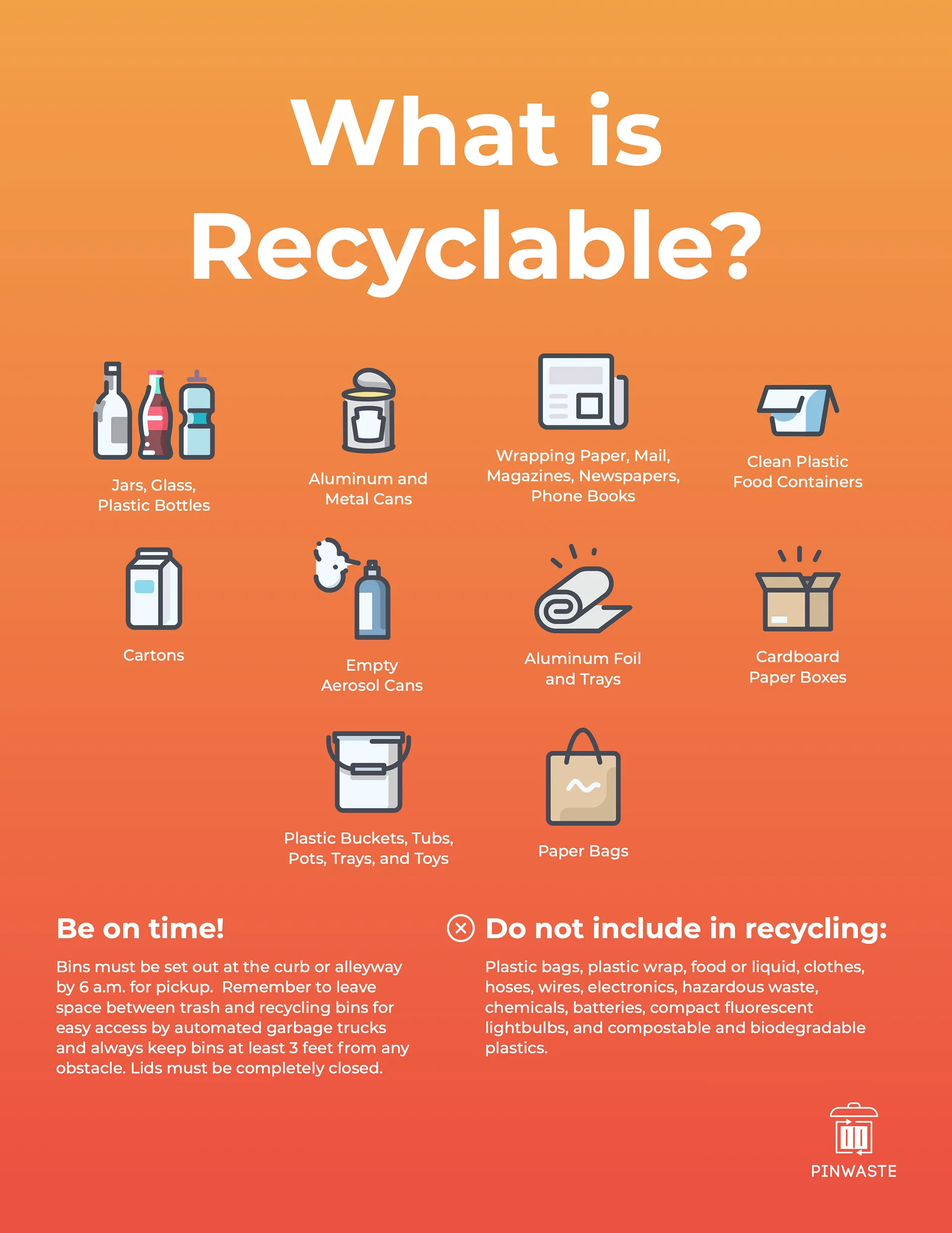 Orange What Is Recyclable info page with icons for glass, cans, paper, and plastic items, plus PinWaste bin guidance