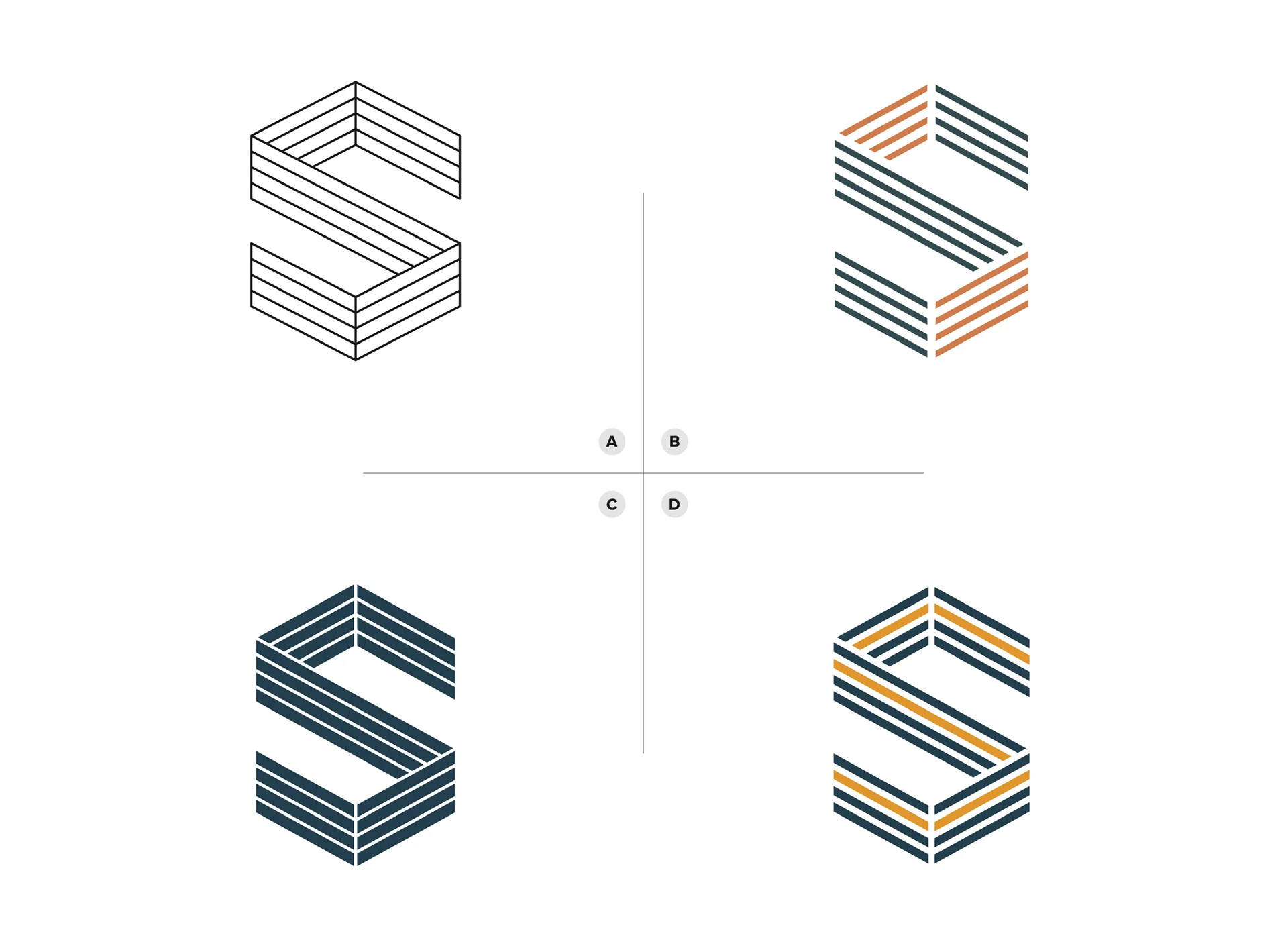 Four-quadrant studies of an angular striped S monogram in navy and orange