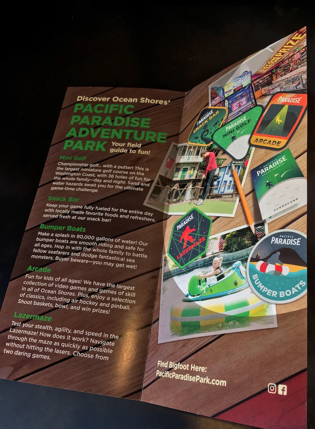 Trifold brochure interior describing Pacific Paradise's mini golf, snack bar, bumper boats, arcade, and lazermaze attractions