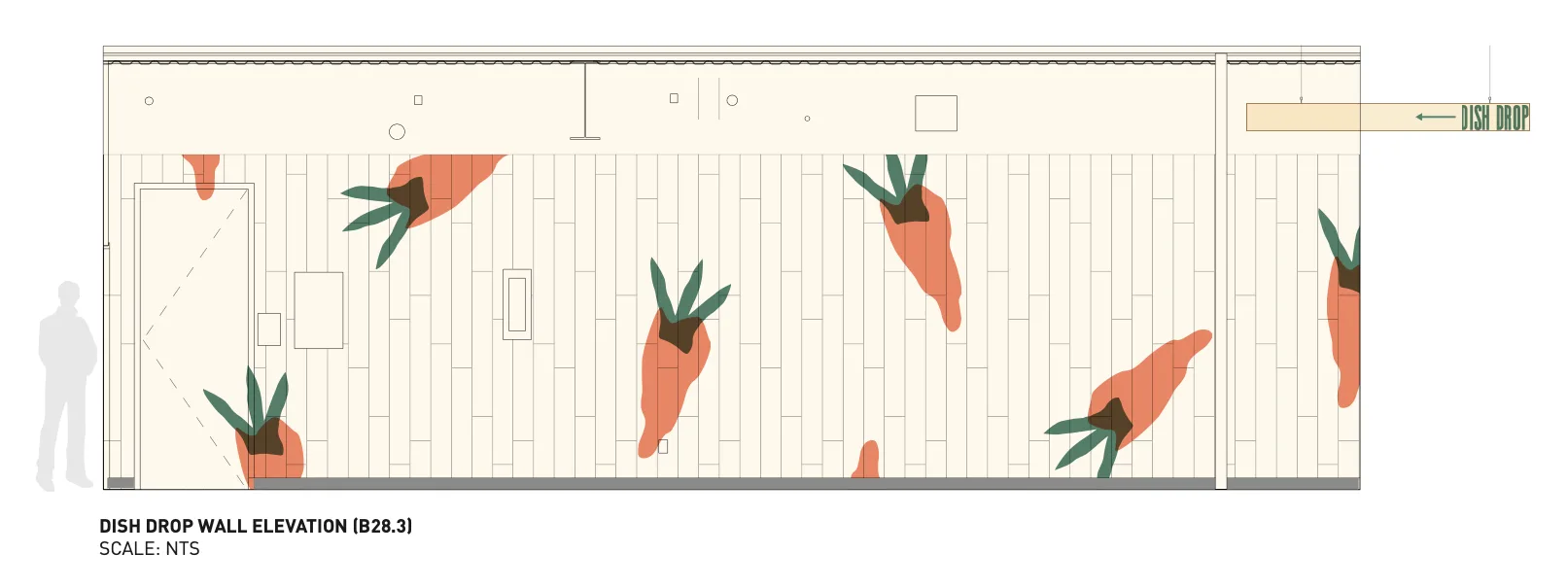 Dish drop wall elevation with a repeating scattered carrot illustration pattern on a wood-look wall