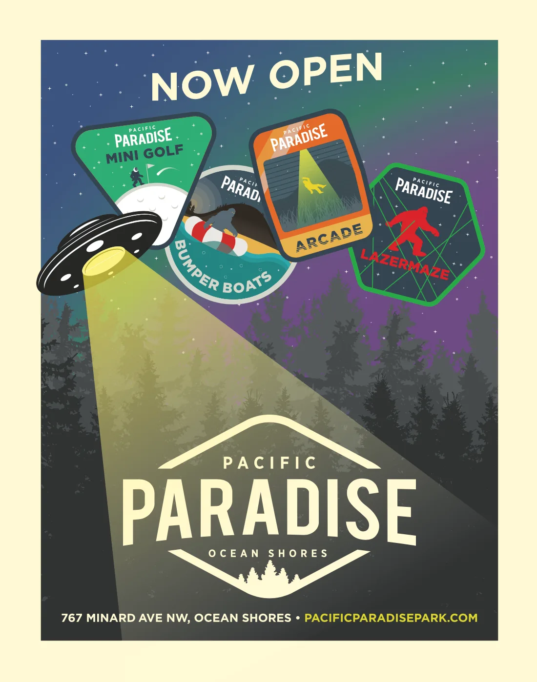 Alternate Now Open poster layout for Pacific Paradise with a UFO beam and activity badge icons