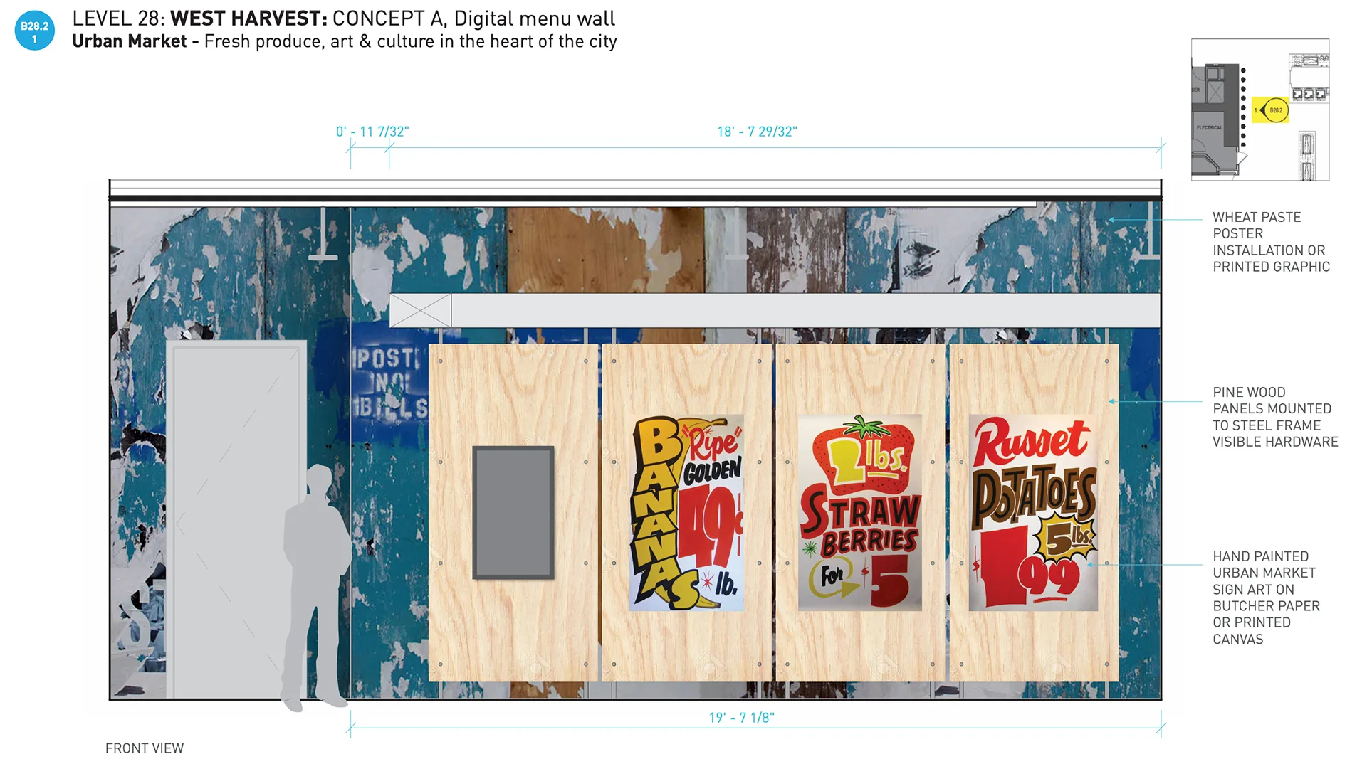 Urban Market concept digital menu wall with wheat-paste posters and hand-painted produce price signage