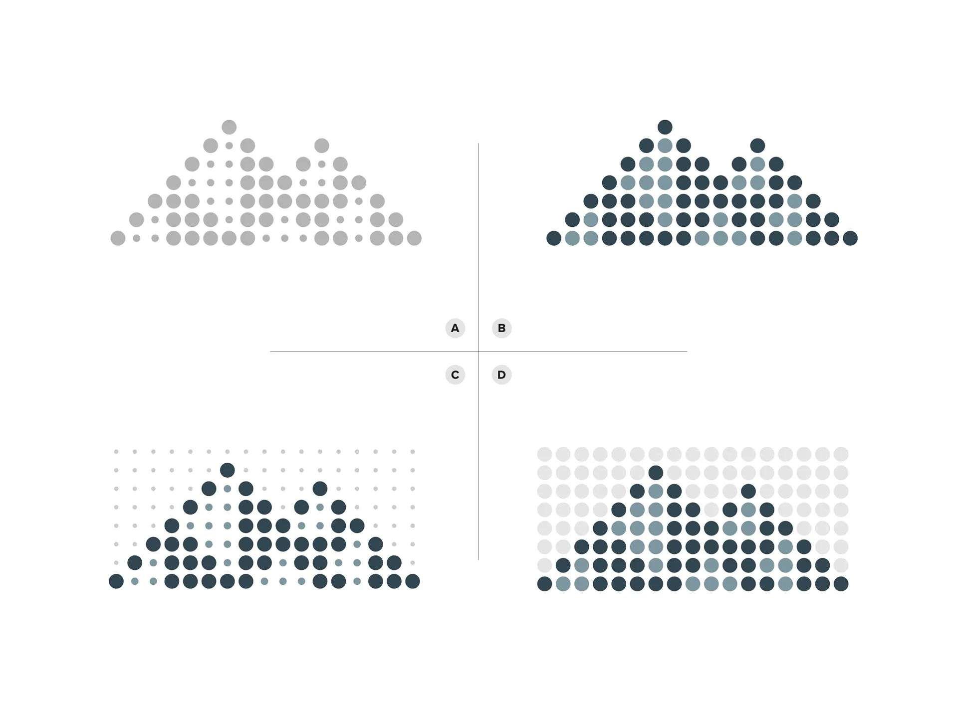 Four-quadrant dot-pattern mountain studies in gray and graduated navy-blue tones