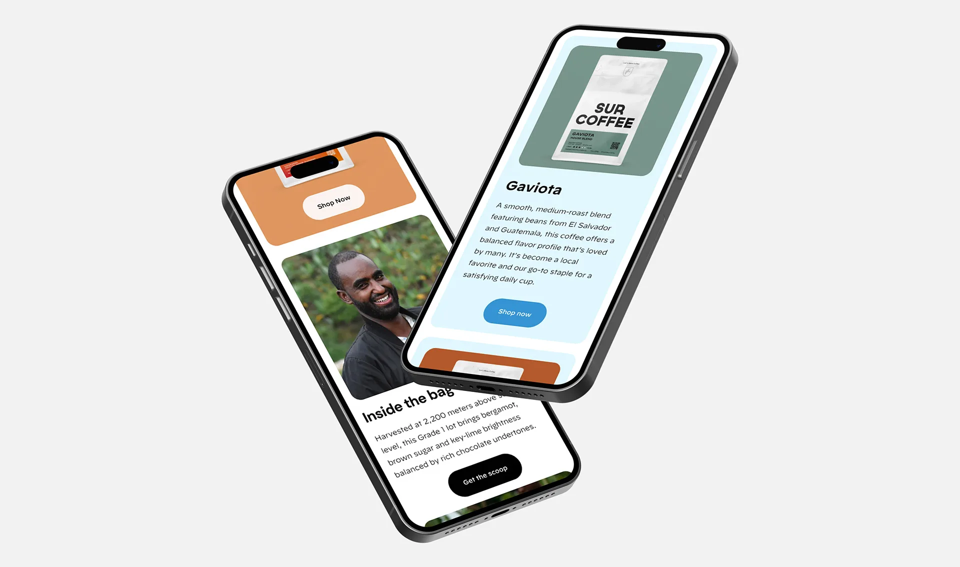 Two phone mockups of a Sur Coffee product email with the Gaviota blend description and a farmer portrait