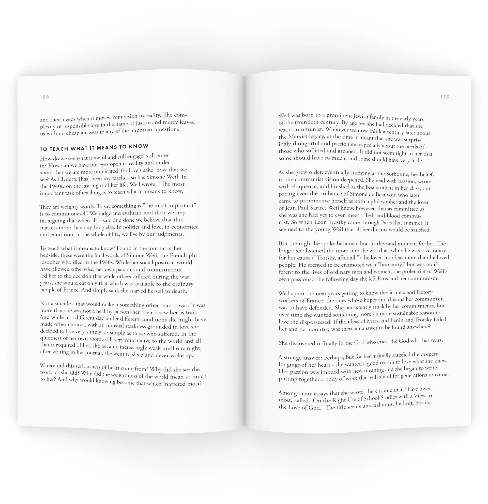 Book spread with the heading To Teach What It Means to Know and body text discussing philosopher Simone Weil