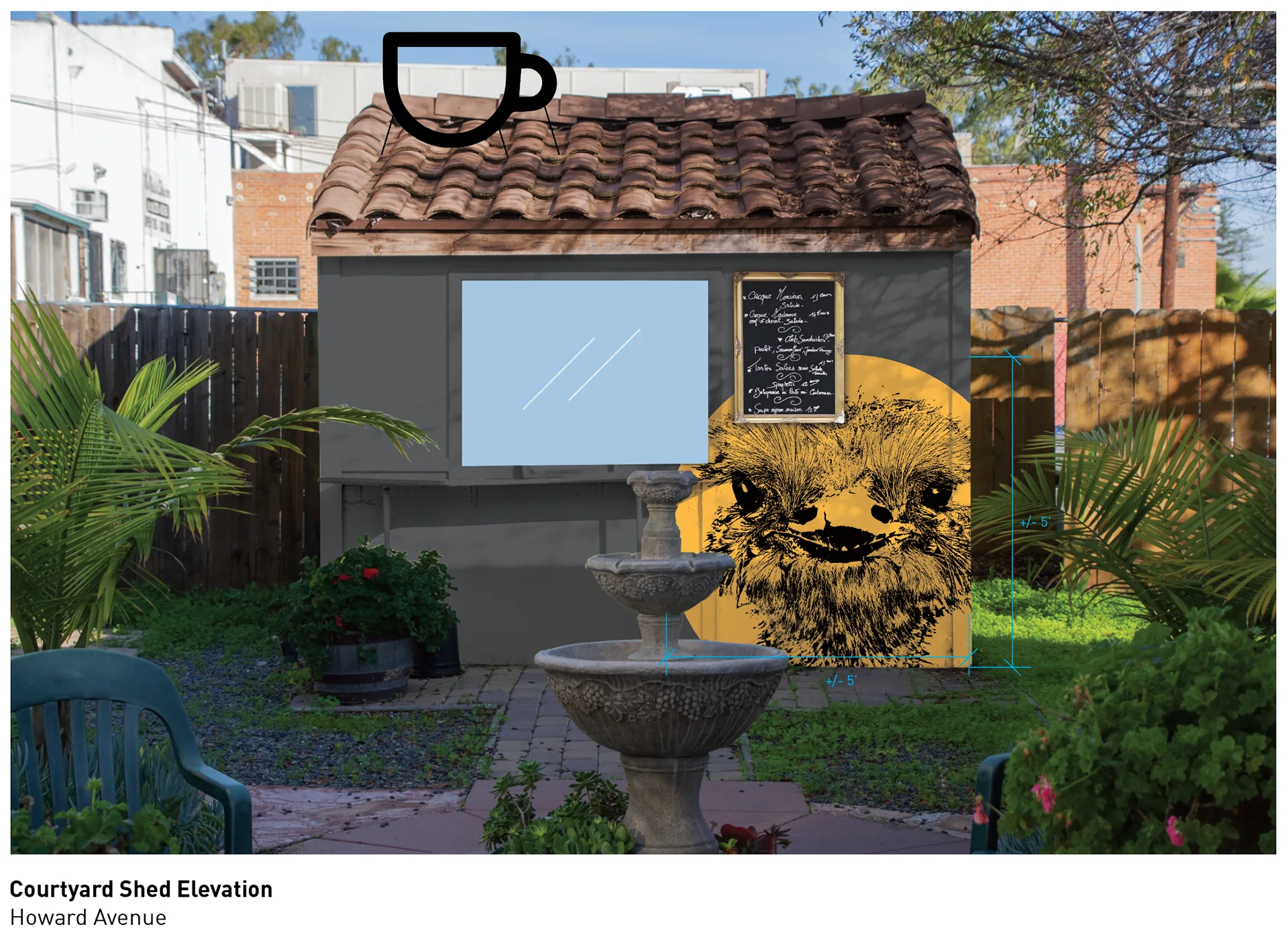 Concept rendering of the courtyard coffee shed with a cup icon, blank menu screen, chalkboard, and ostrich illustration