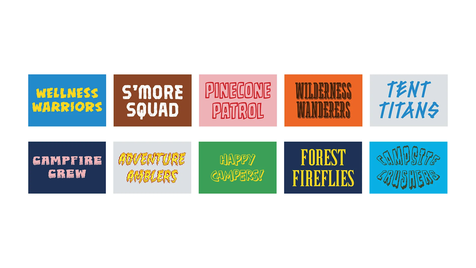 Ten colorful team name labels for WellnessPalooza cabins, including Wellness Warriors, S'more Squad, and Tent Titans