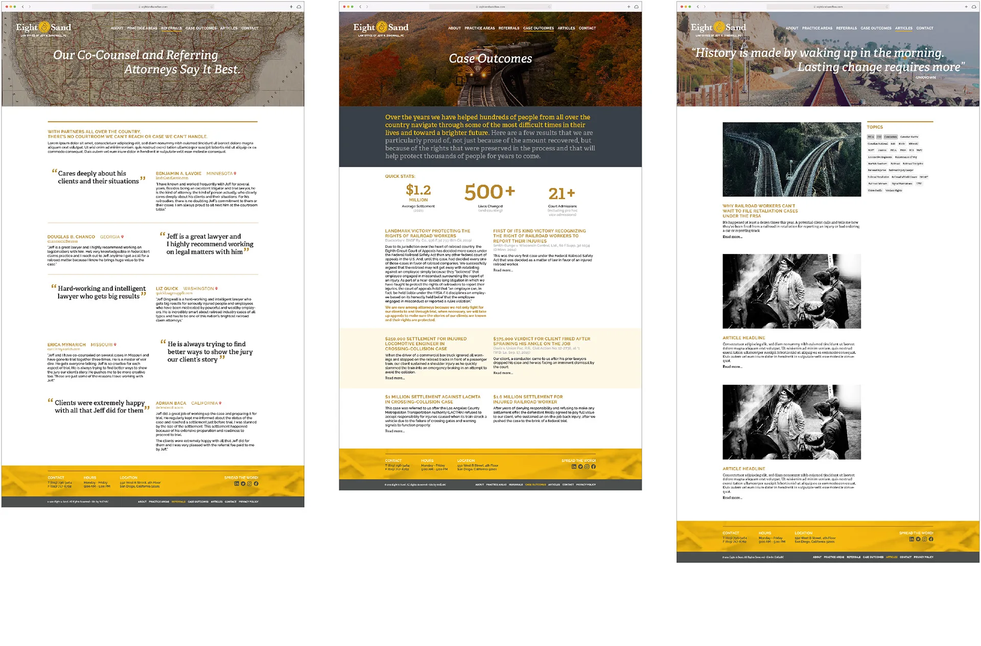 Three Eight & Sand website screens showing client testimonials, case outcome statistics, and a firm history page