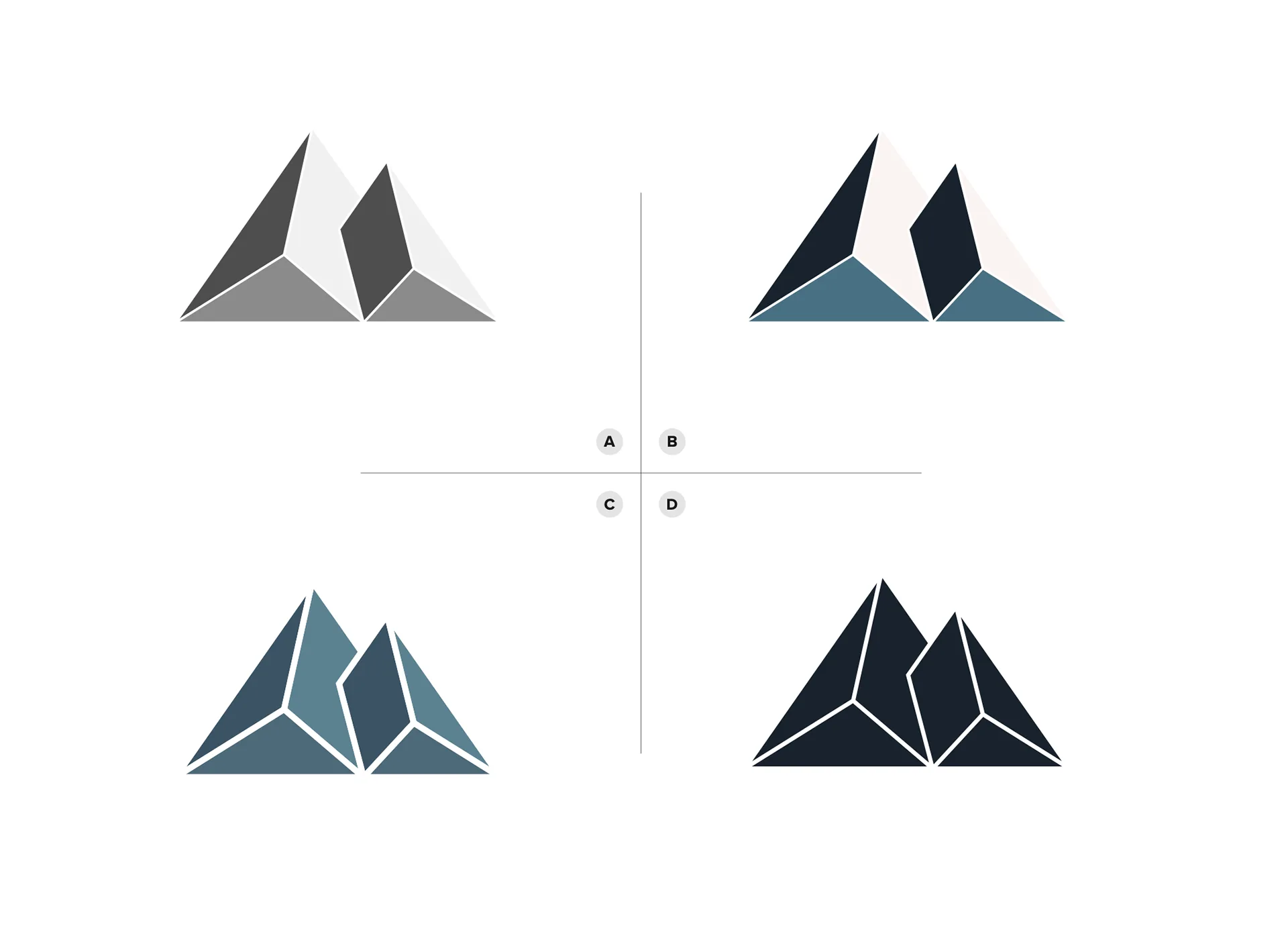 Four-quadrant faceted mountain mark studies in gray, navy, teal, and blush color combinations