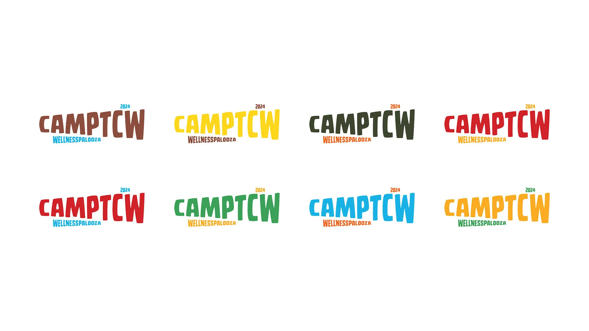 Eight CAMPTCW wordmark logo variations in different colors, each labeled WellnessPalooza 2024