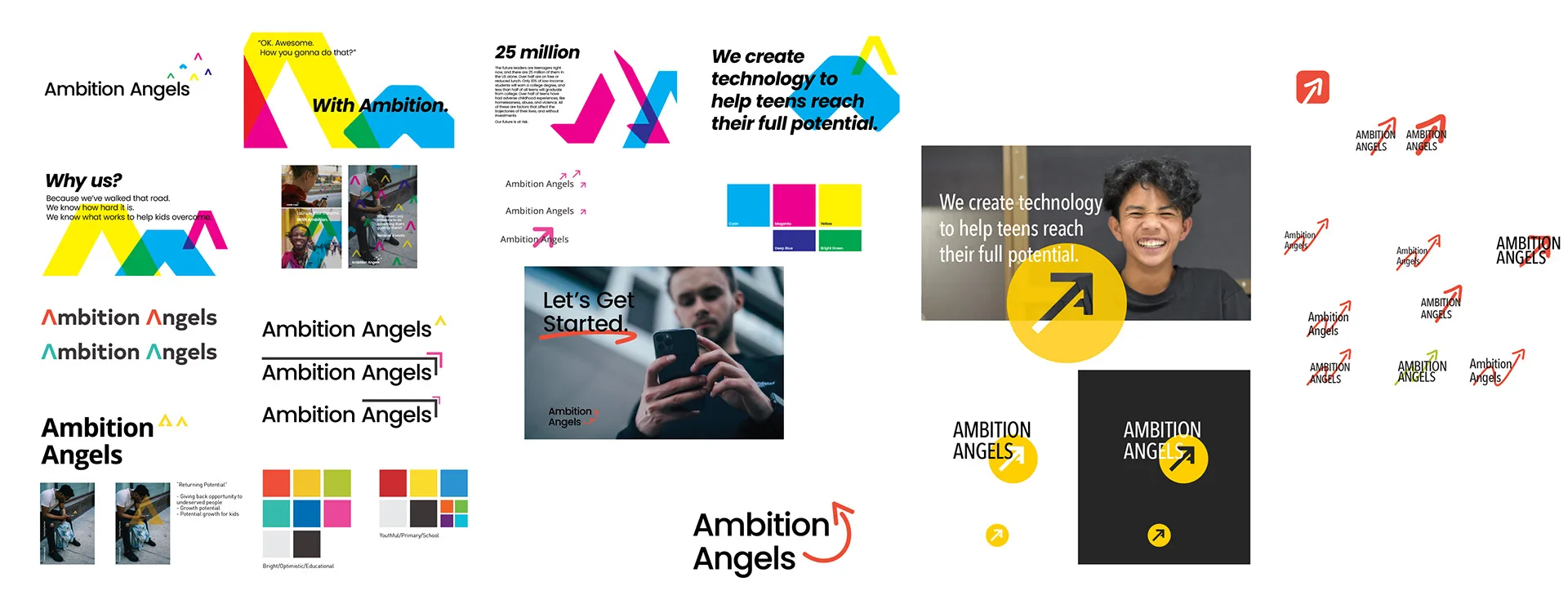 Brand system moodboard collage showing presentation slides, a colorful geometric graphic, logo variations, photos, and color swatches for Ambition Angels