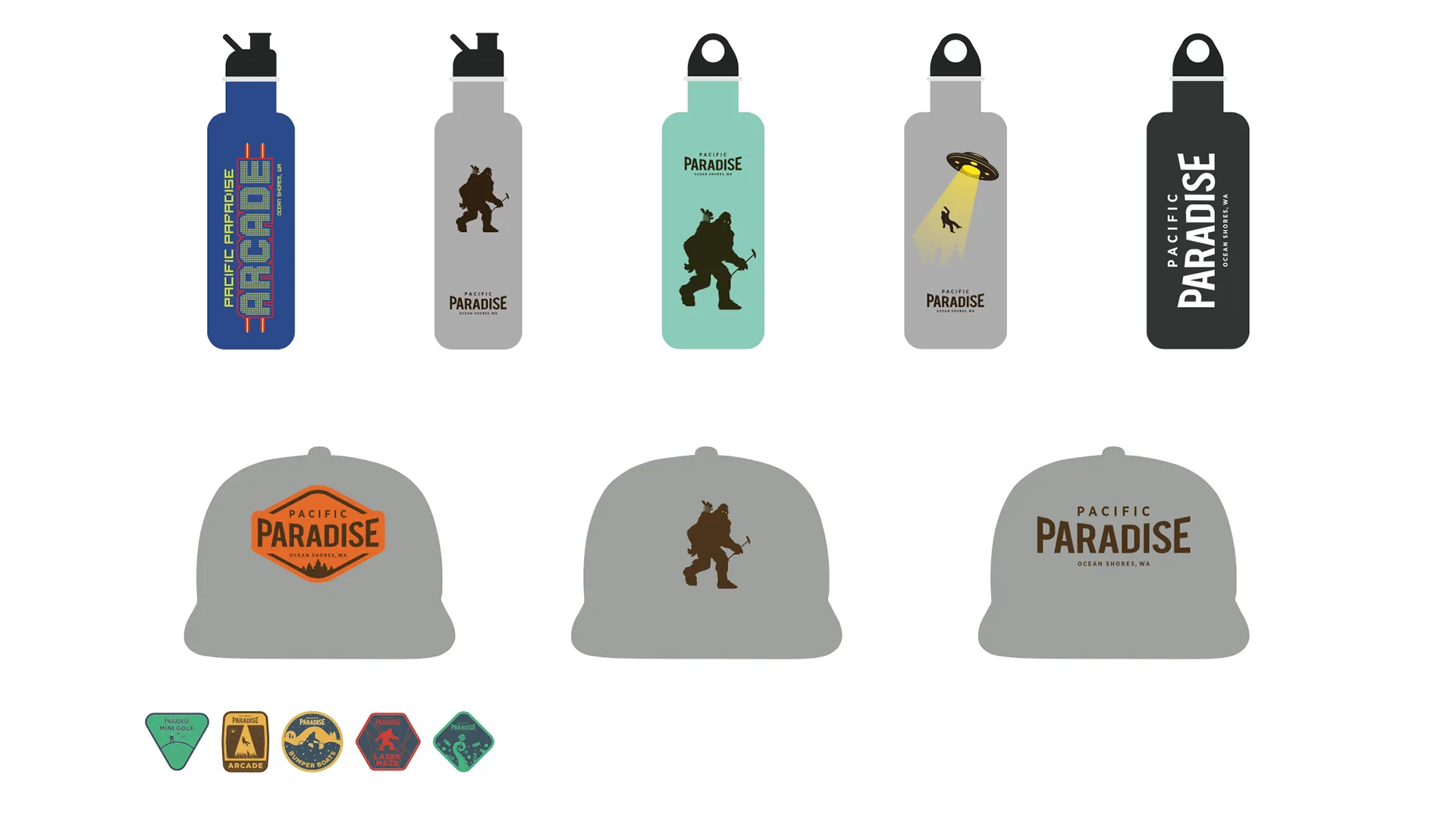 Merchandise mockups of branded water bottles and caps featuring bigfoot and UFO graphics