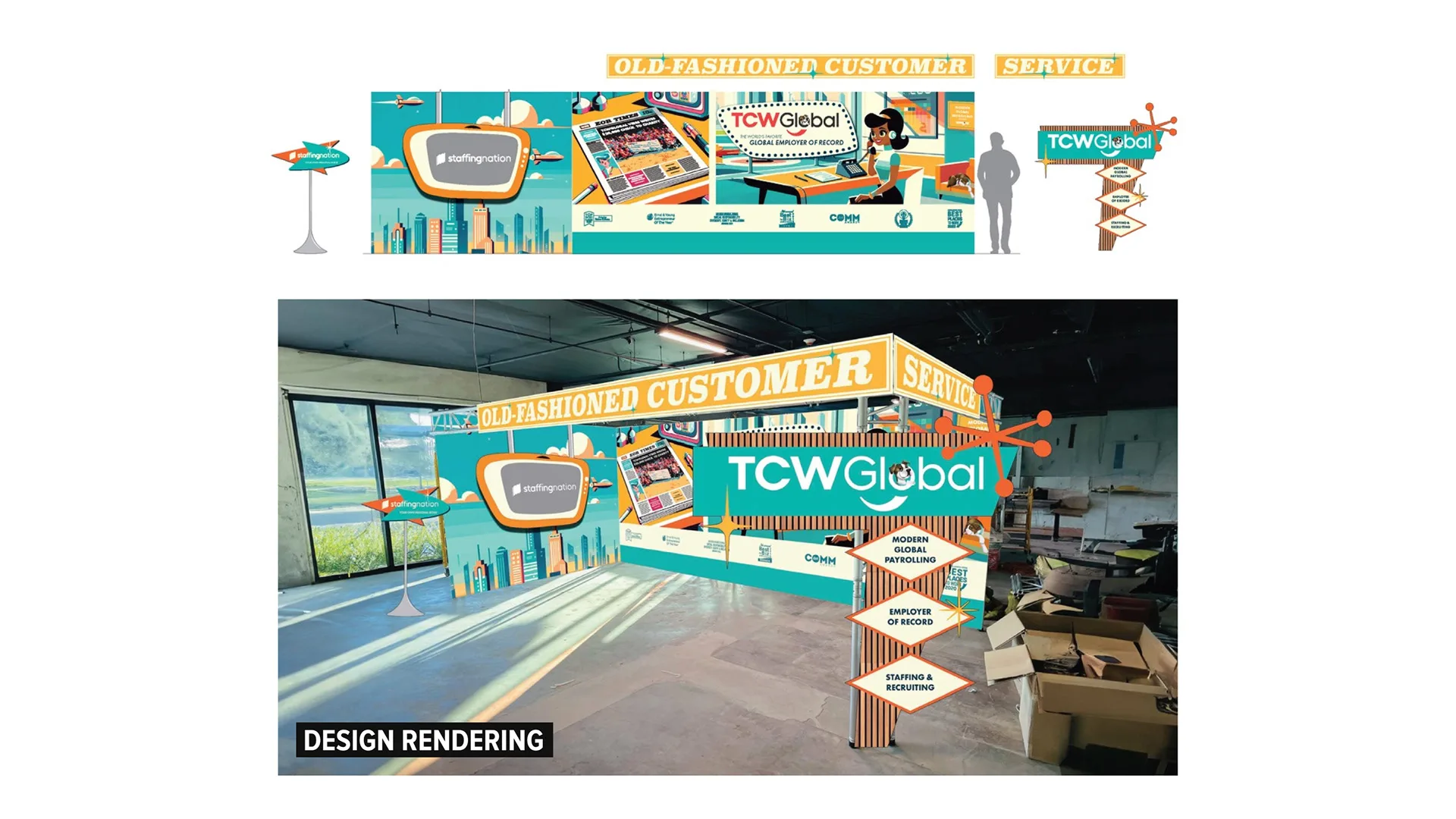 TCWGlobal ProcureCon booth design elevations and 3D rendering for the Old-Fashioned Customer Service section, shown in a warehouse mockup