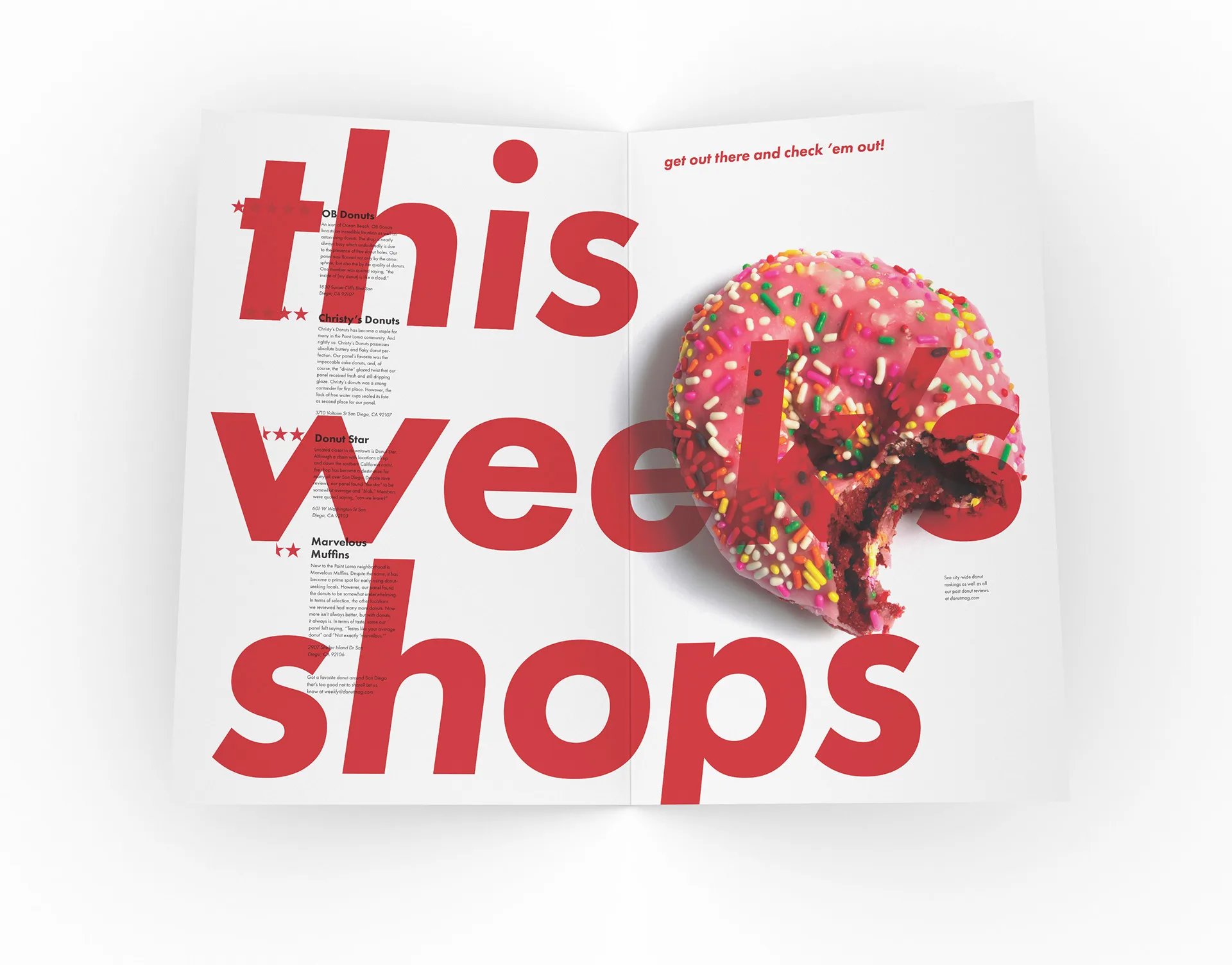 Donut Mag spread headlined this week's shops in red type, with a sprinkled donut photo and shop review sidebar