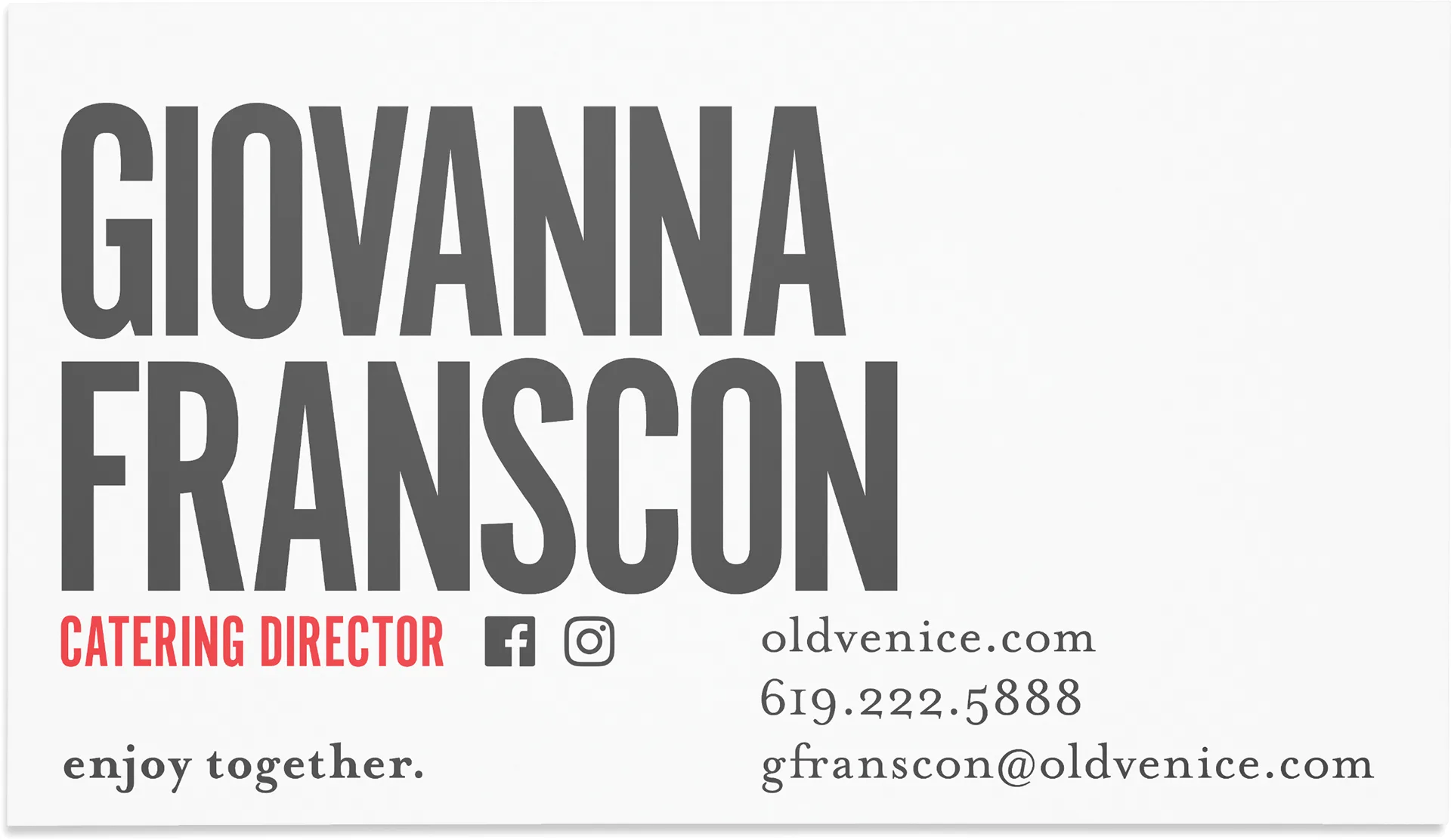 Business card for Giovanna Franscon, Old Venice Restaurant catering director, with contact details and the enjoy together tagline