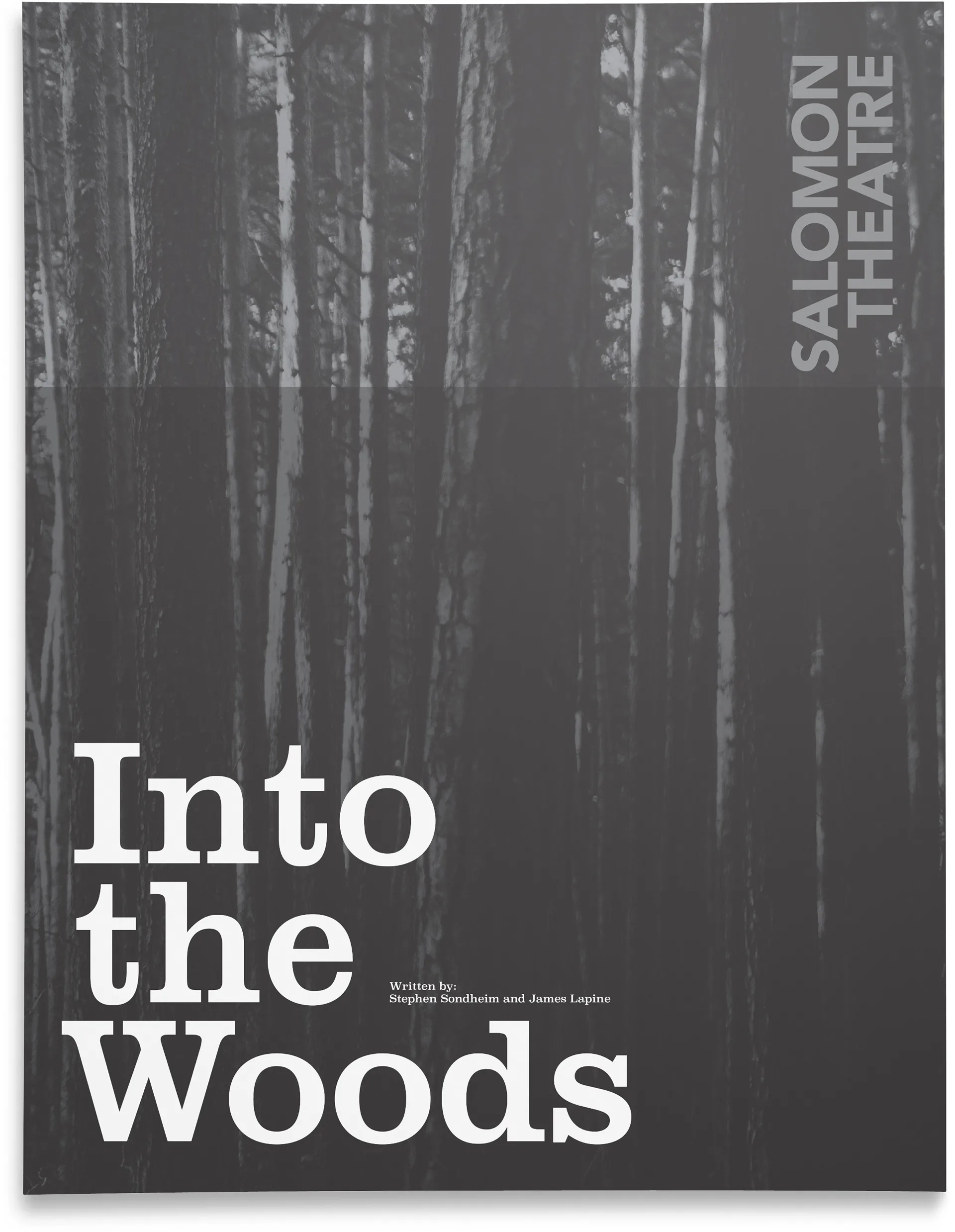 Into the Woods show program cover with a black and white forest photo and the Salomon Theatre logo