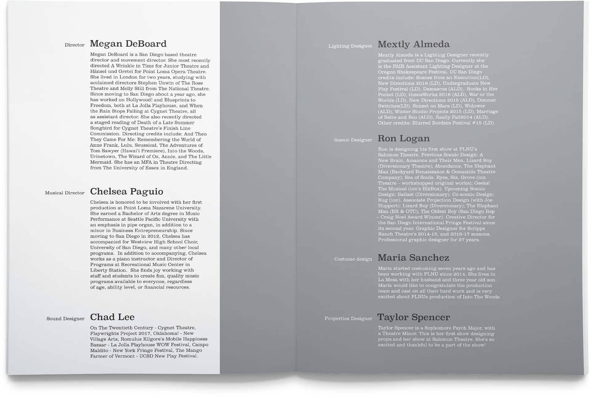 Into the Woods program spread listing bios for the director, musical director, sound designer, and lighting designer