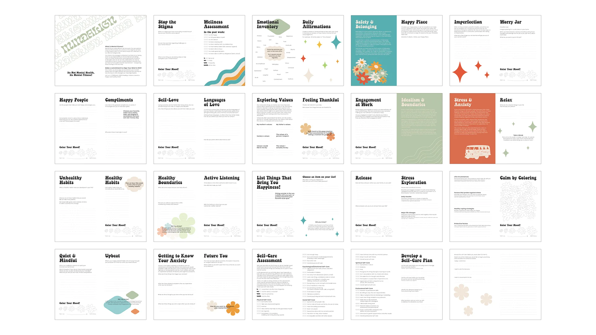 Grid of MindAlign interactive journal pages covering topics like self-love, healthy boundaries, stress, and self-care planning