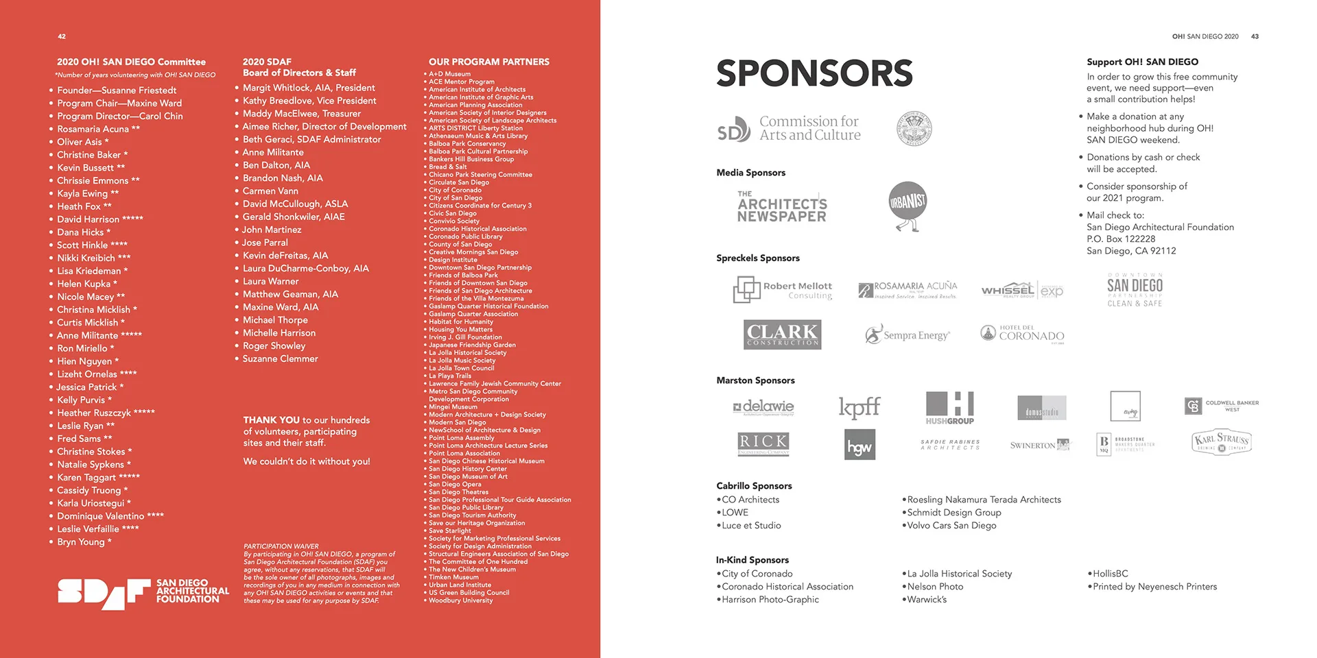 Guide spread listing the SDAF committee, board of directors, and sponsor and partner organization logos