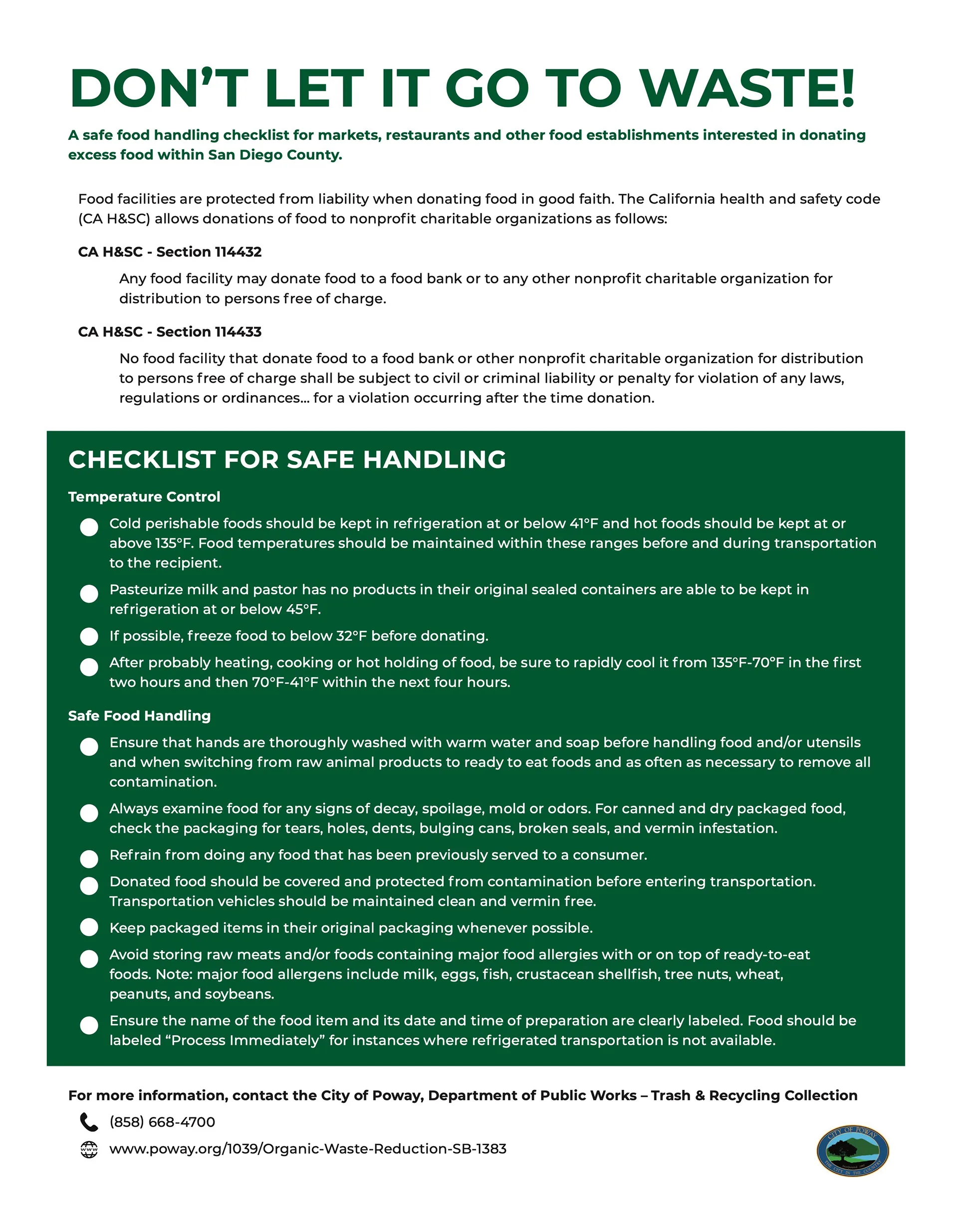 Don't Let It Go to Waste safe food handling checklist covering temperature control and safe handling practices