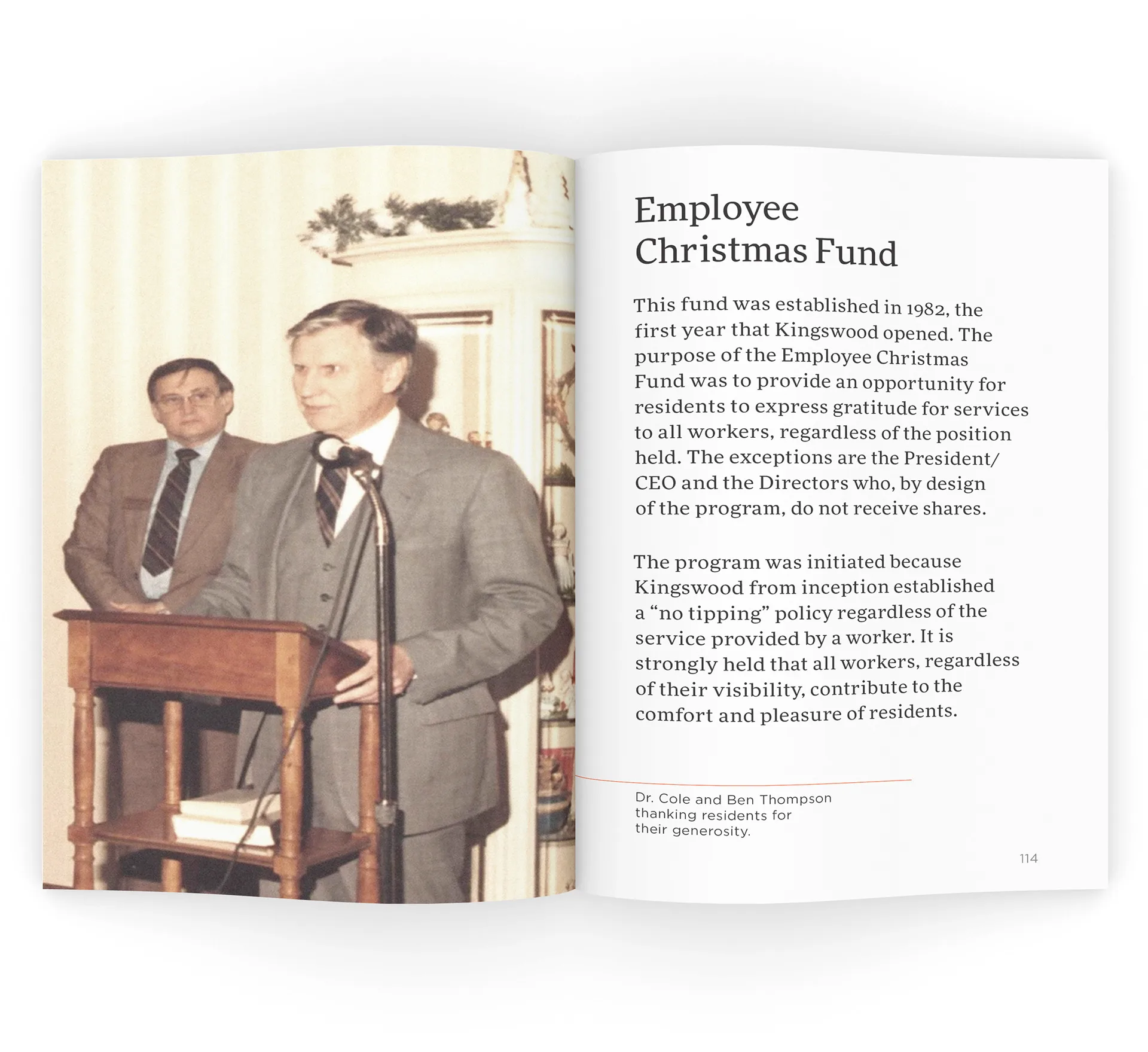Open book spread with an archival photo of two men speaking at a podium and Employee Christmas Fund text with a red proofreading underline
