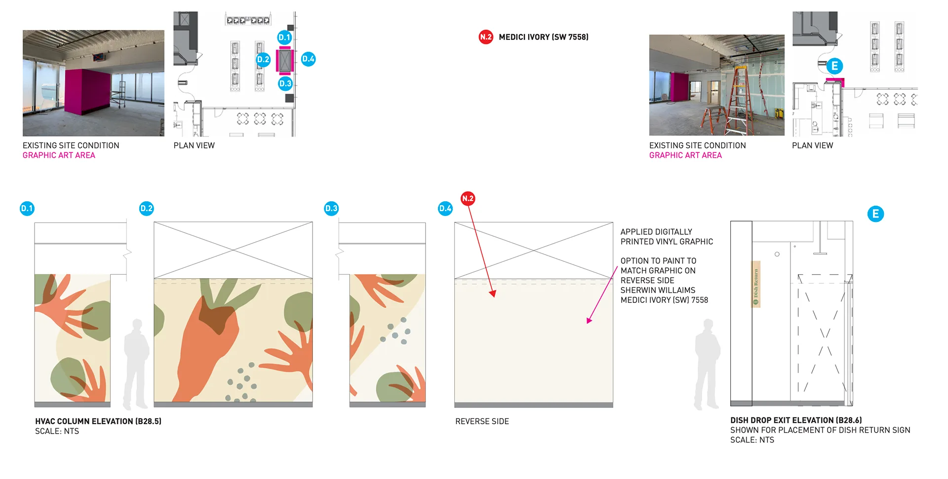 HVAC column and dish drop exit elevation spec sheet with existing site photos and mural placement
