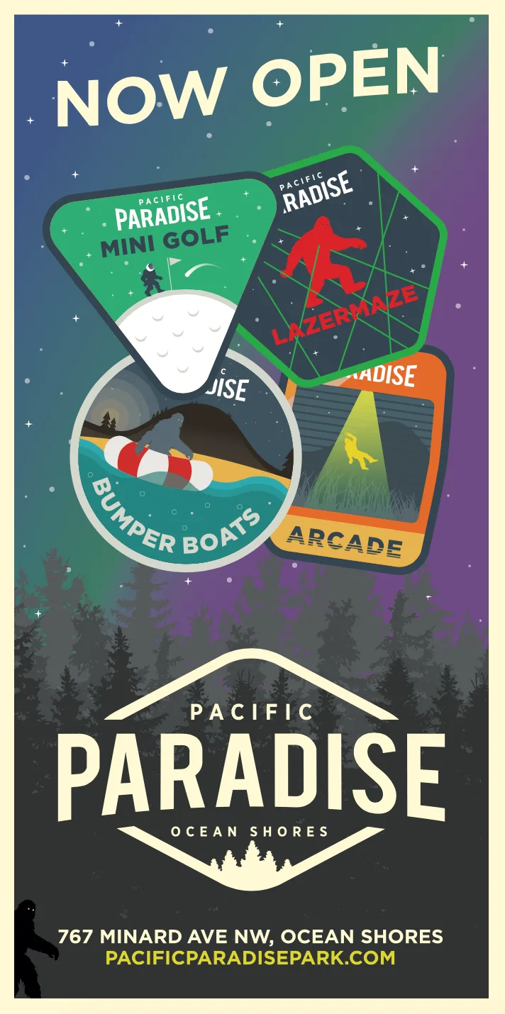 Now Open poster for Pacific Paradise with activity badge icons over a starry forest and bigfoot silhouette