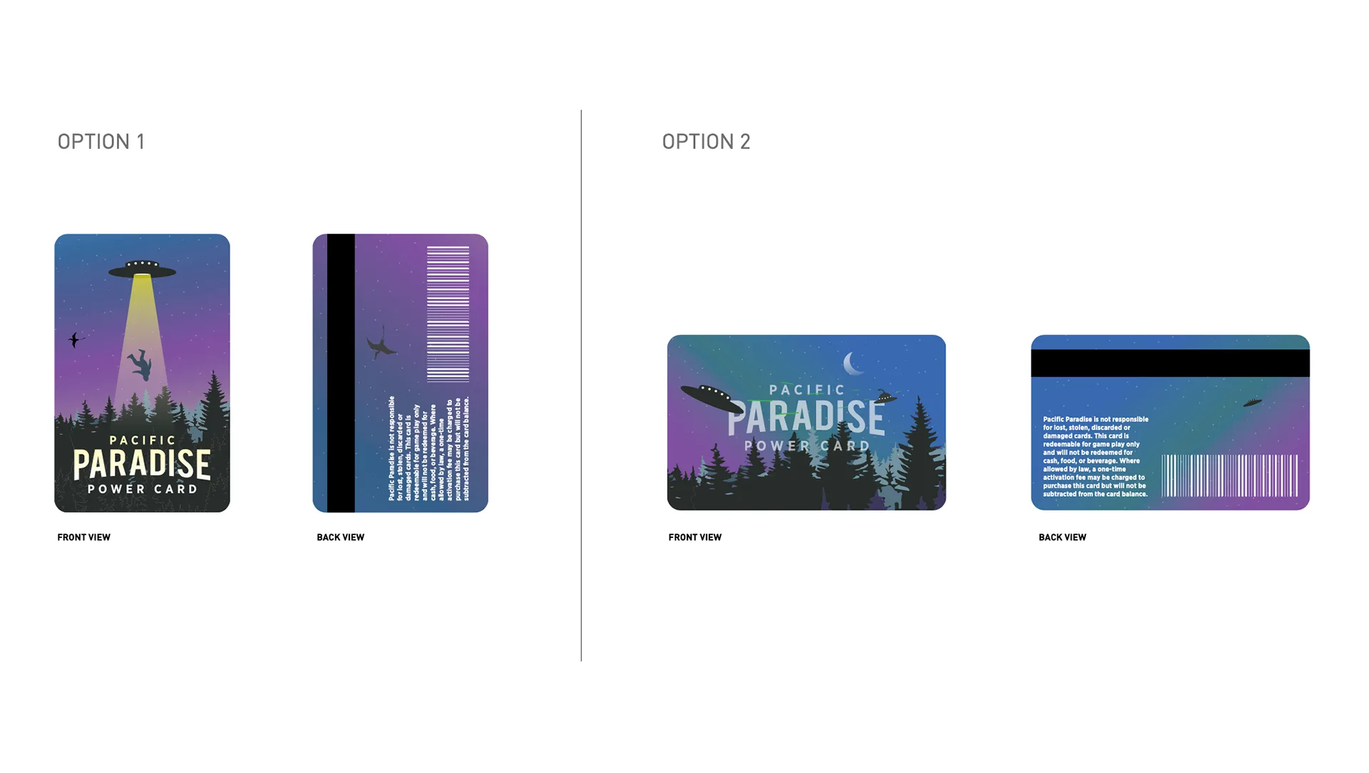 Two design options for the Pacific Paradise Power Card, front and back, with a UFO beam graphic