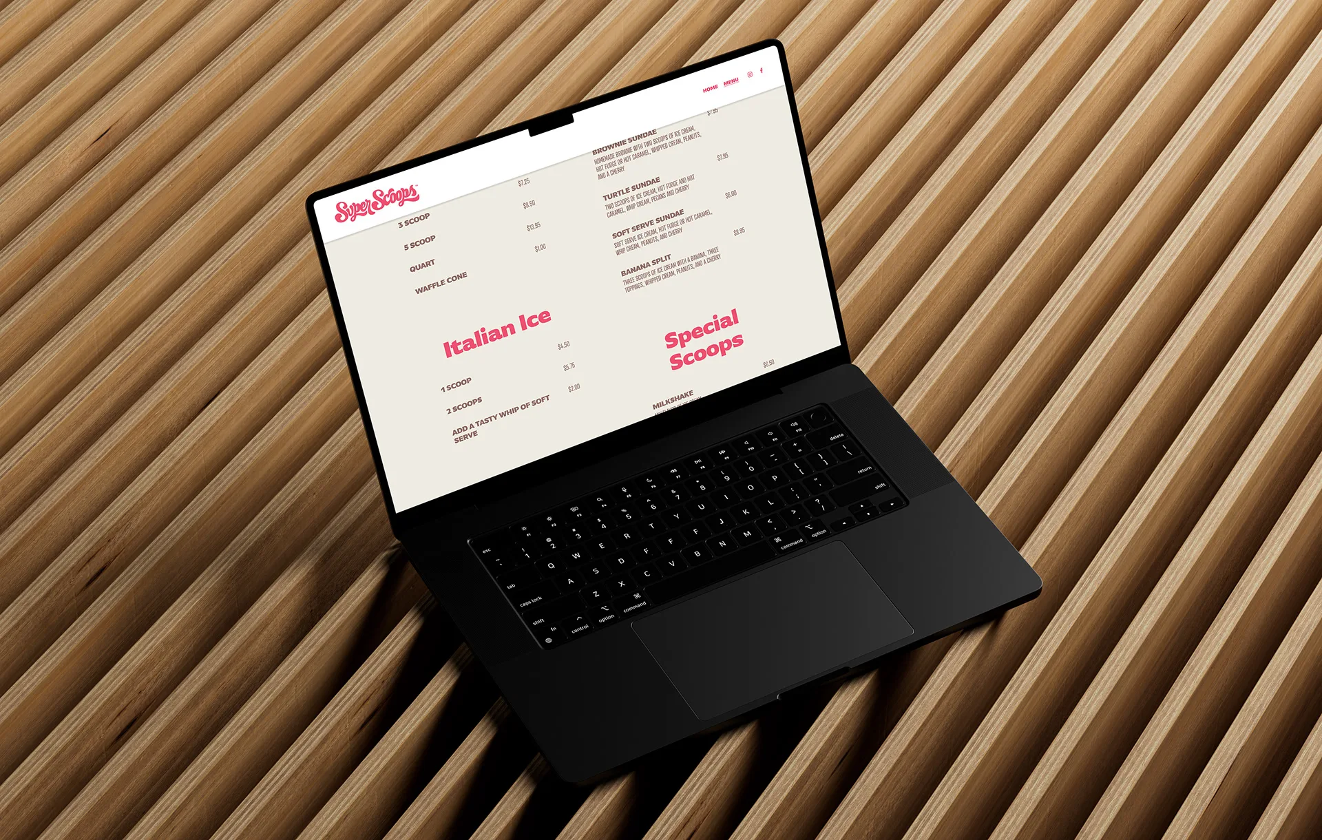 Laptop mockup of the Super Scoops website menu page listing Italian Ice and Special Scoops sections