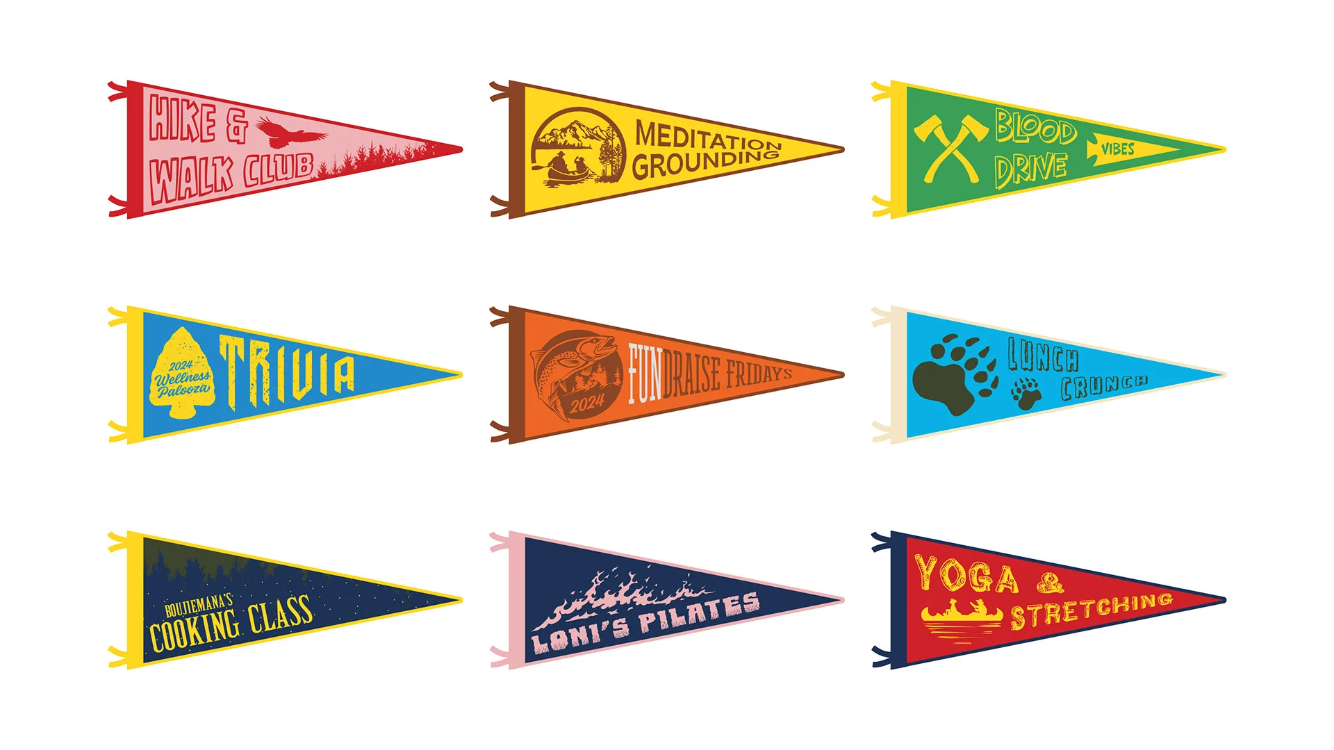 Nine colorful pennant flags advertising WellnessPalooza activities including hiking, meditation, trivia, cooking class, and yoga