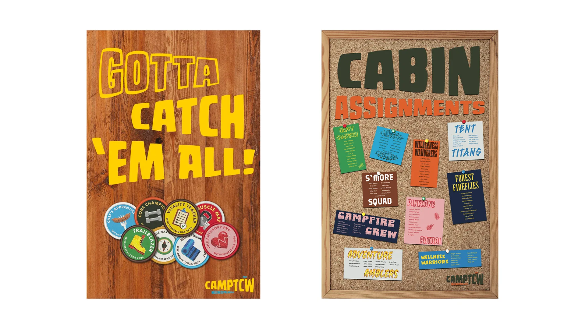 Two CAMPTCW posters: a Gotta Catch 'Em All badge collection design and a Cabin Assignments corkboard layout