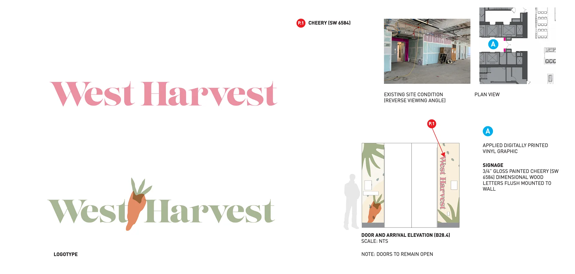 West Harvest logotype options in pink script and sage green with a carrot mark, plus a door signage spec board