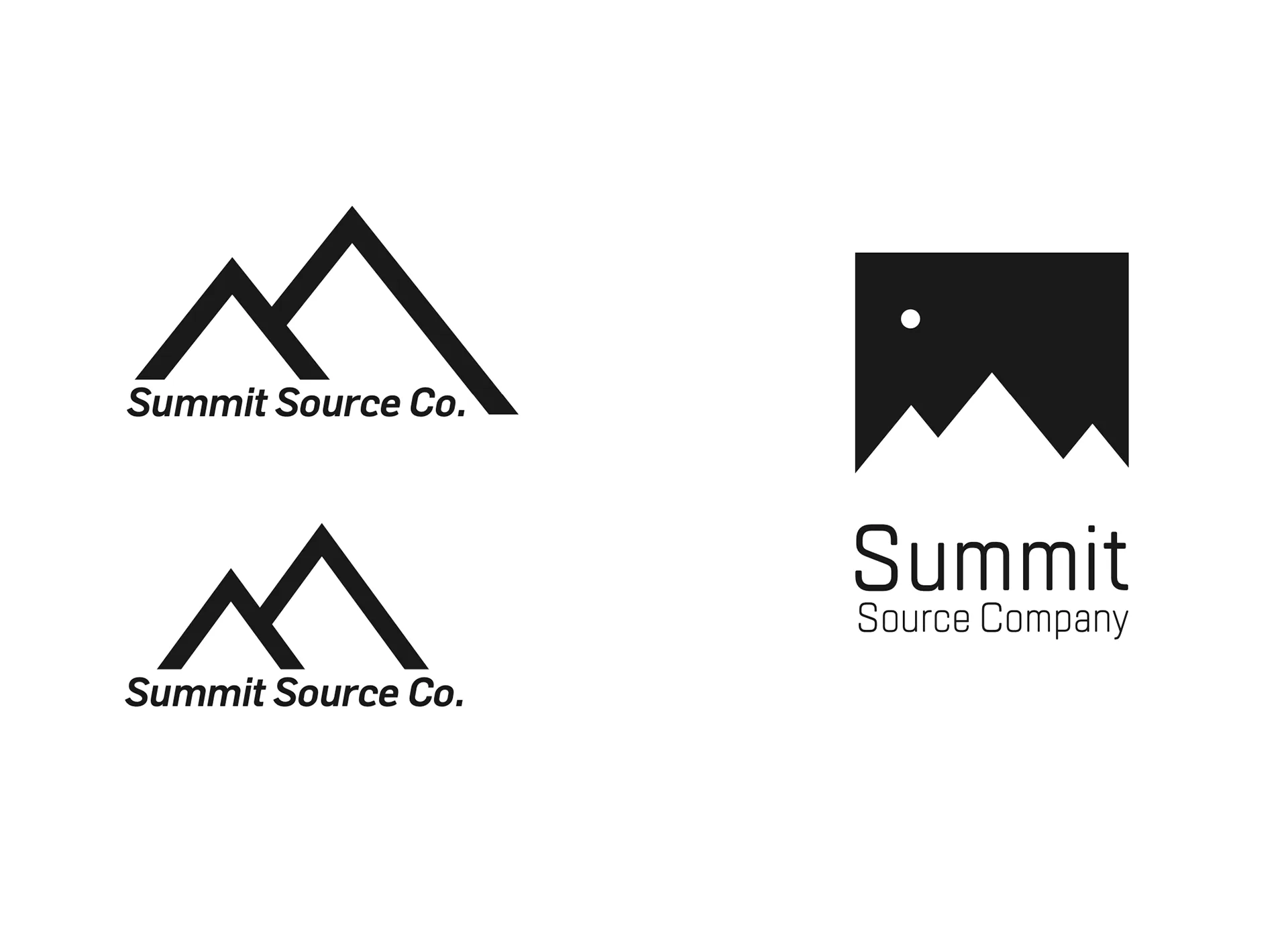 Logo exploration comparing a mountain wordmark lockup with a badge-style mountain and moon icon