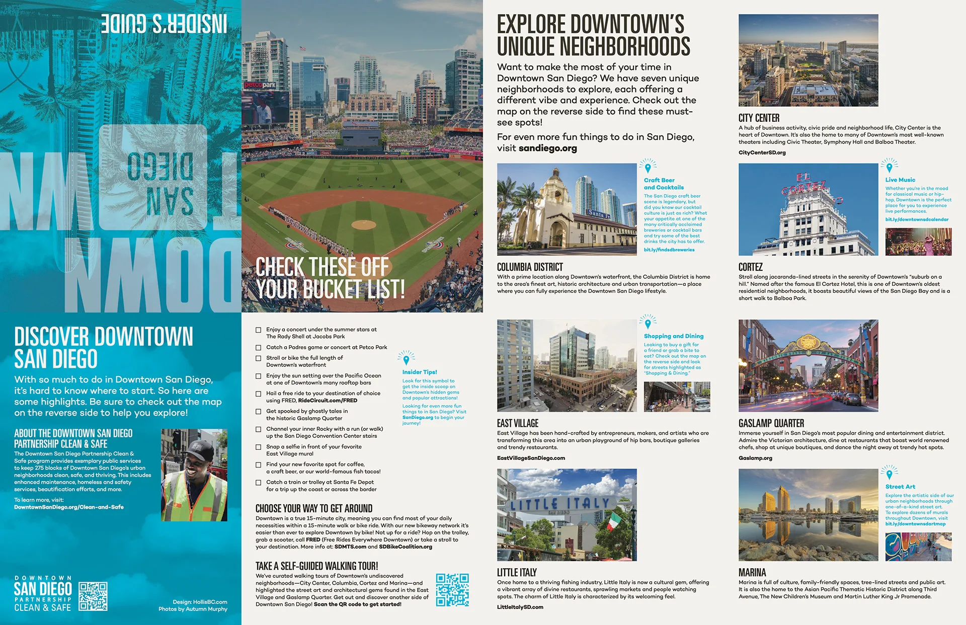 Explore Downtown's Unique Neighborhoods guide spread with district photo blurbs, a different press-check photo of the same page