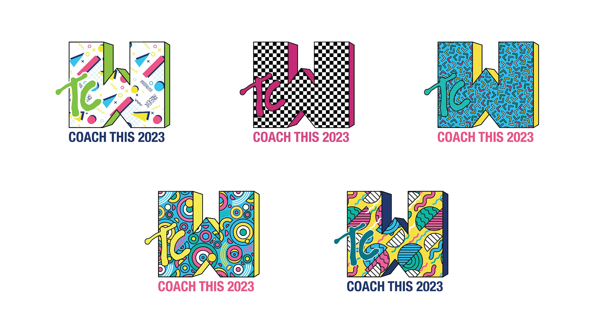 Five TCW Coach This 2023 logo variations in confetti, checkerboard, and other 90s-inspired patterns
