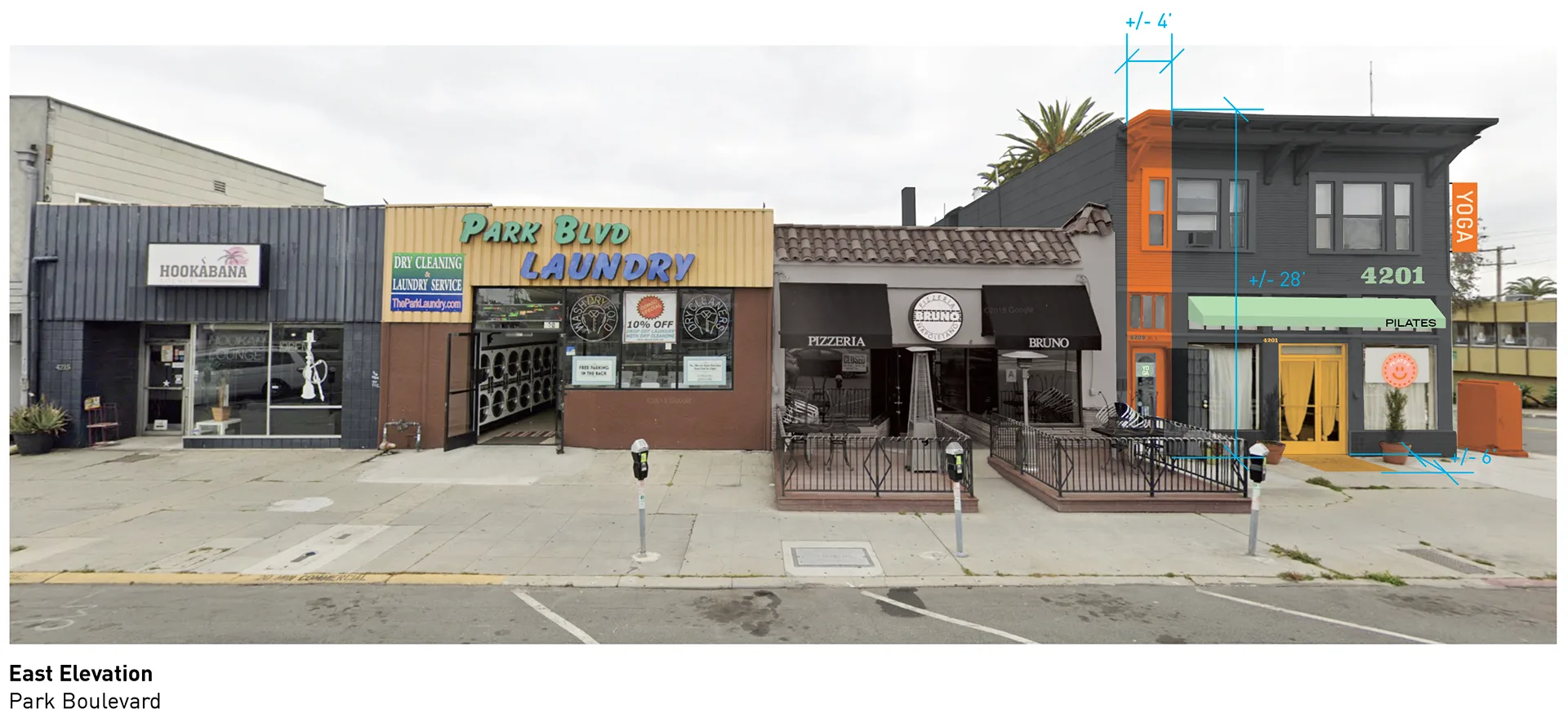 Design concept for the Park Boulevard east elevation showing proposed color blocking and dimension callouts on the storefronts