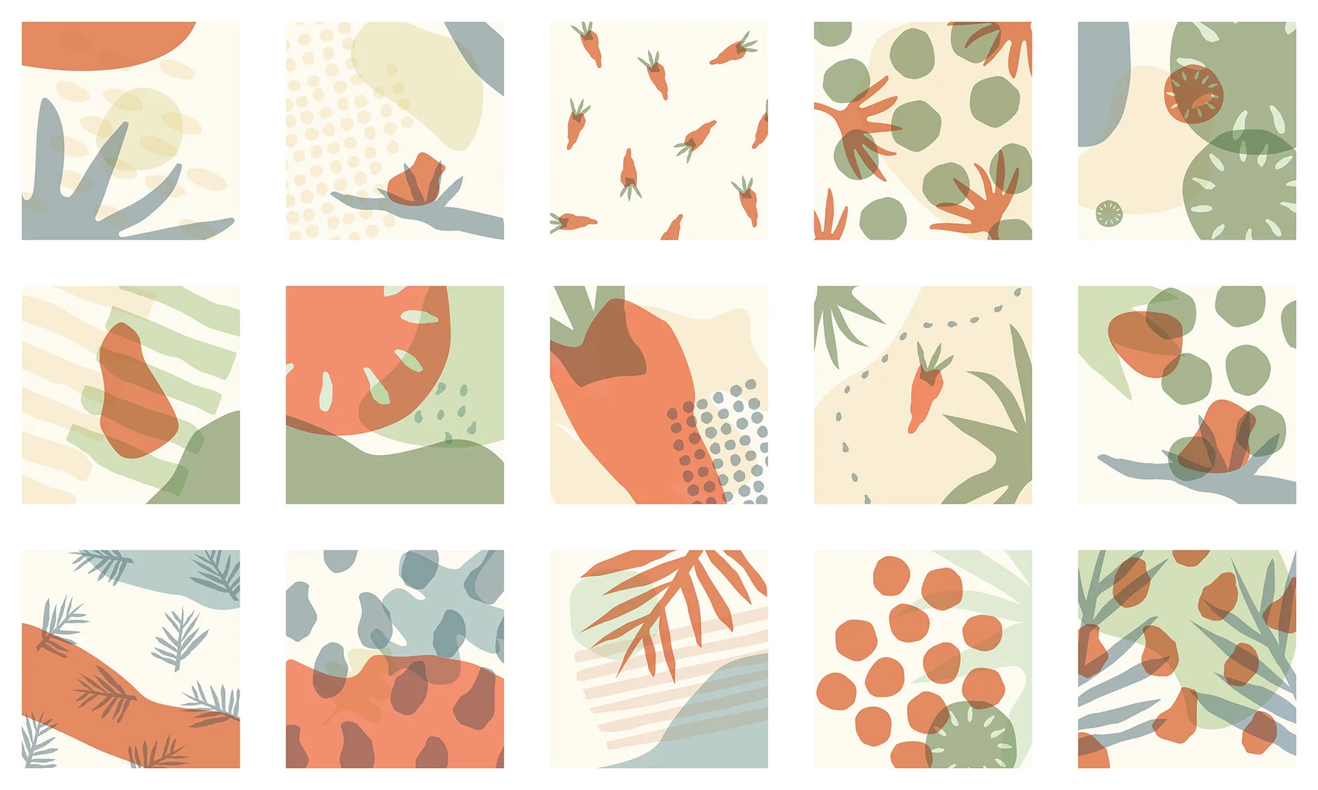 Grid of fifteen illustrated produce-themed pattern tiles in sage, coral, and cream for West Harvest branding