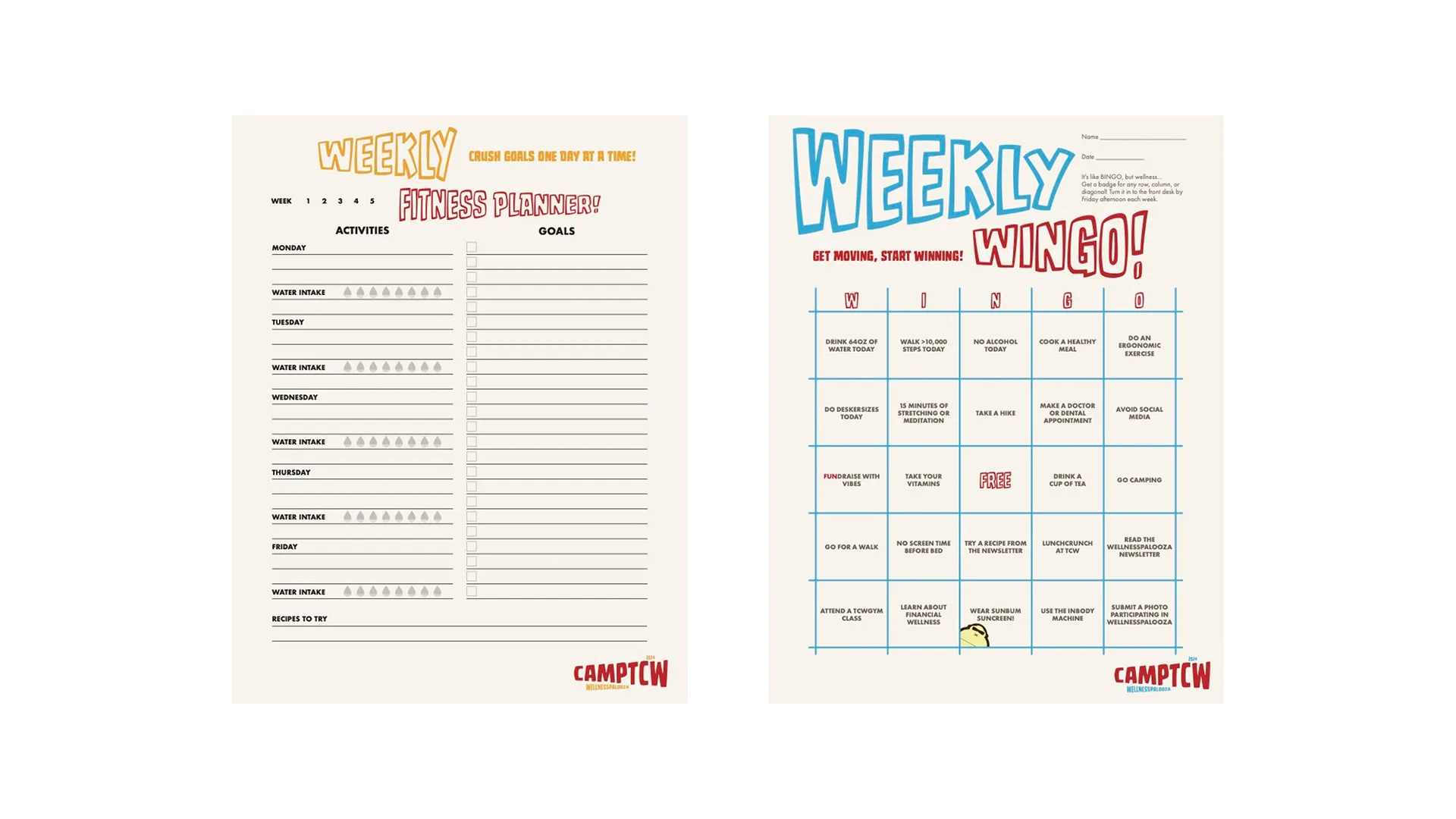 Two Camp TCW printed planner sheets: a Weekly Fitness Planner tracker and a Weekly Wingo bingo challenge card