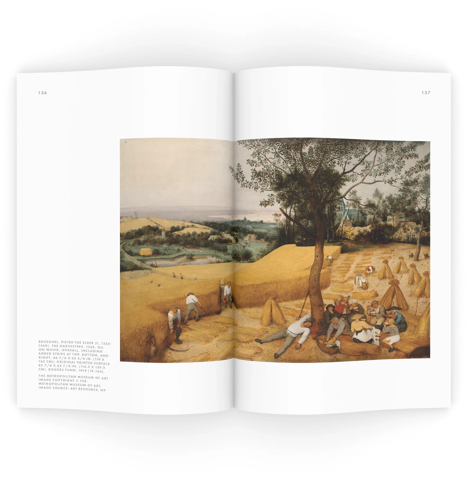 Book spread featuring Pieter Bruegel the Elder's painting The Harvesters with a caption and credit line at lower left