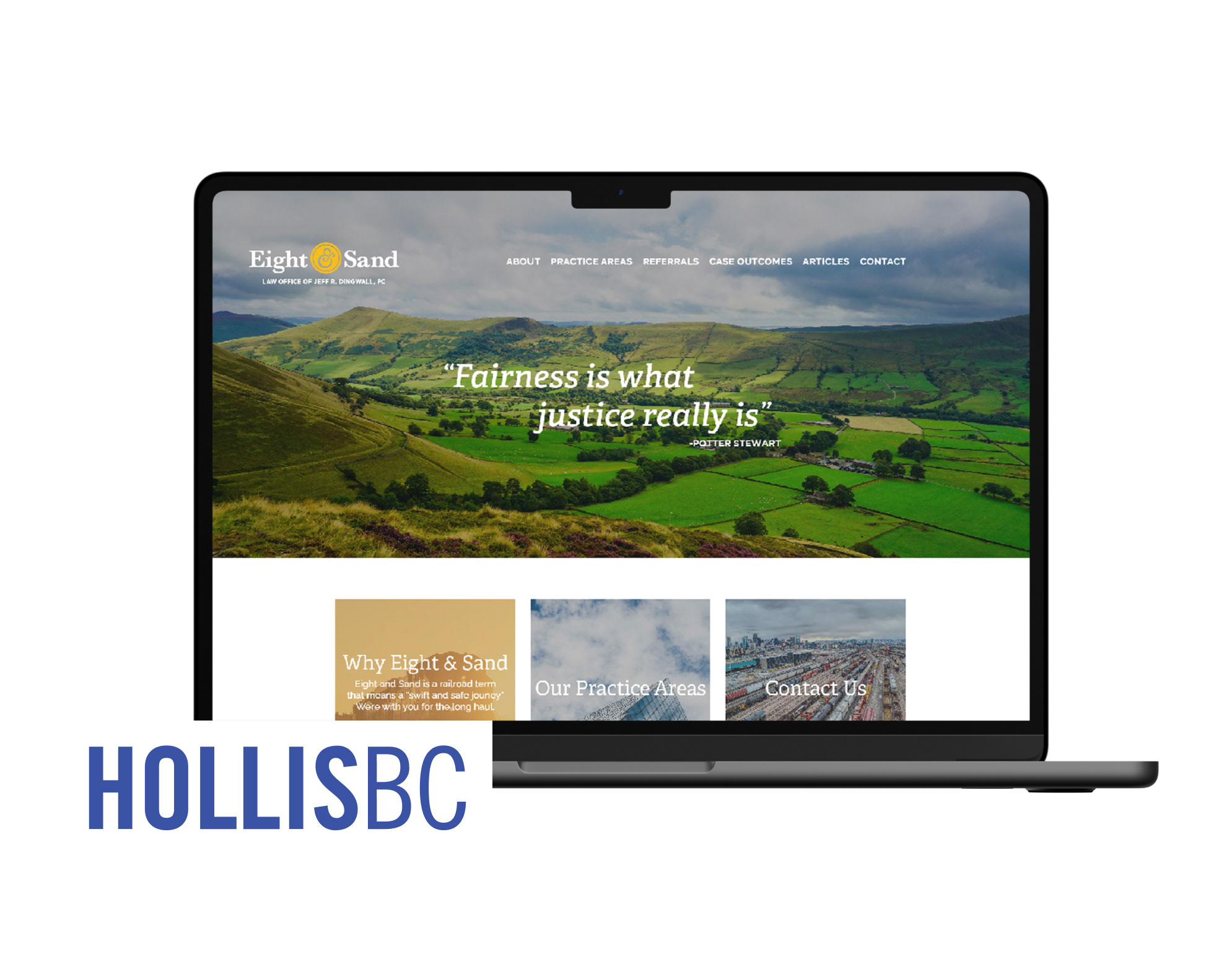 Eight & Sand Digital Rebrand cover: laptop showing the law firm website with a green countryside hero image