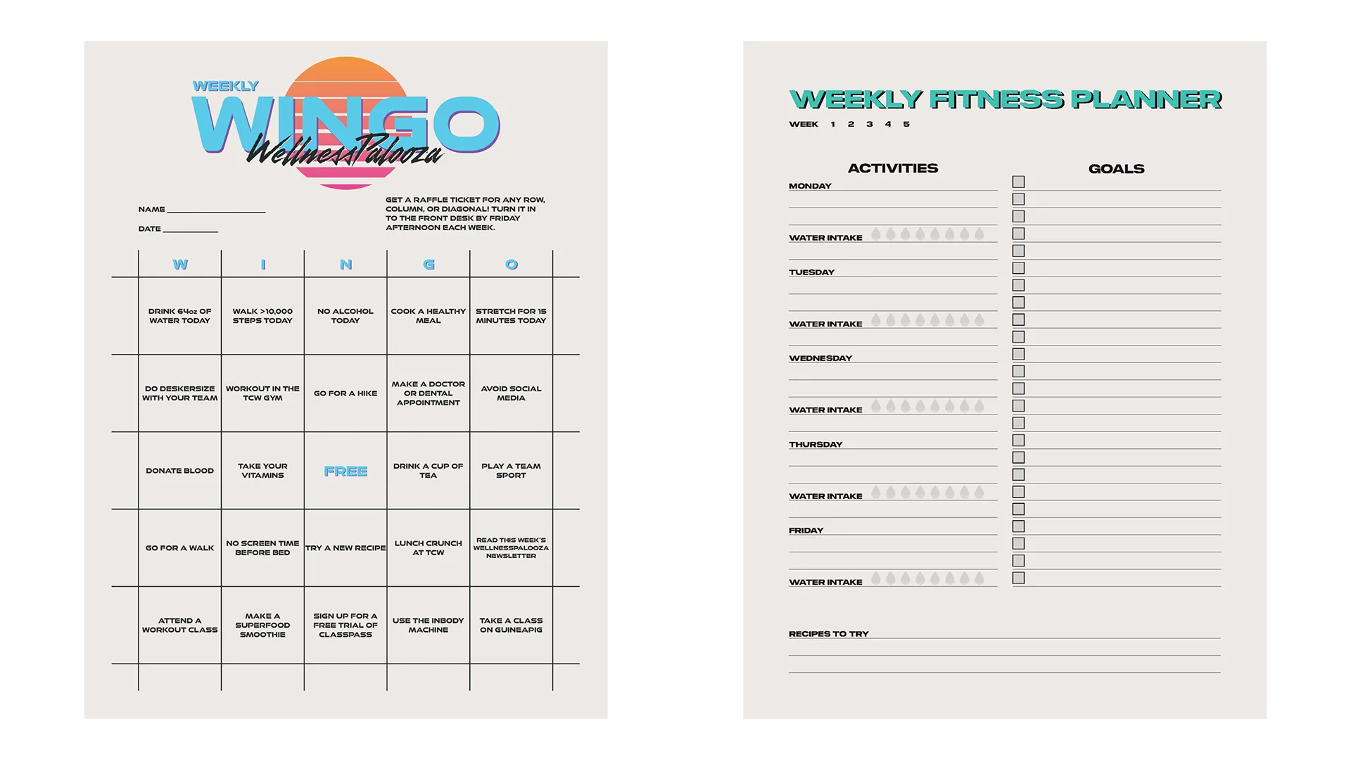 Weekly Wingo bingo card and Weekly Fitness Planner worksheet with activity squares and goal checkboxes