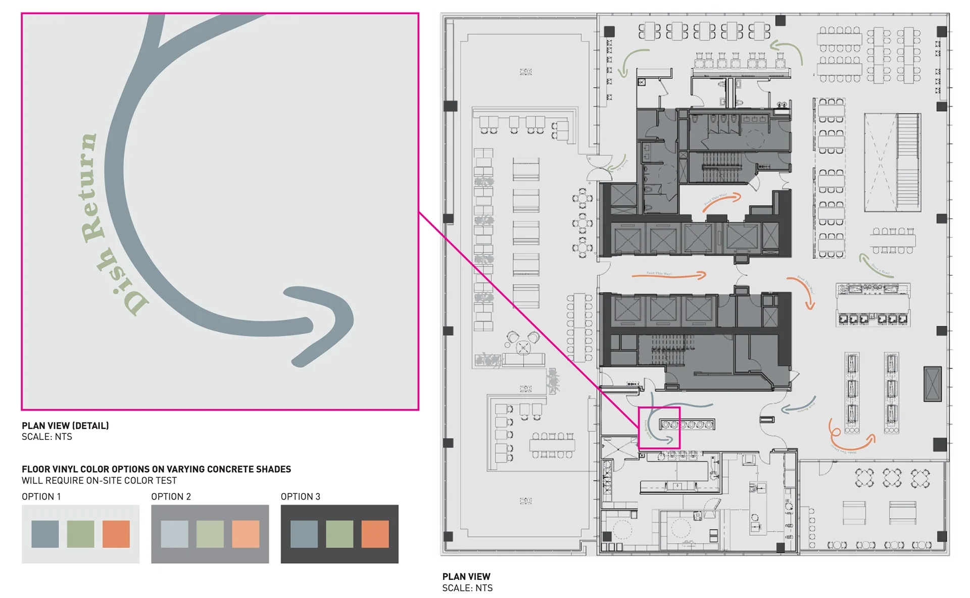 Floor plan detail of the painted Dish Return wayfinding graphic with three concrete floor color options