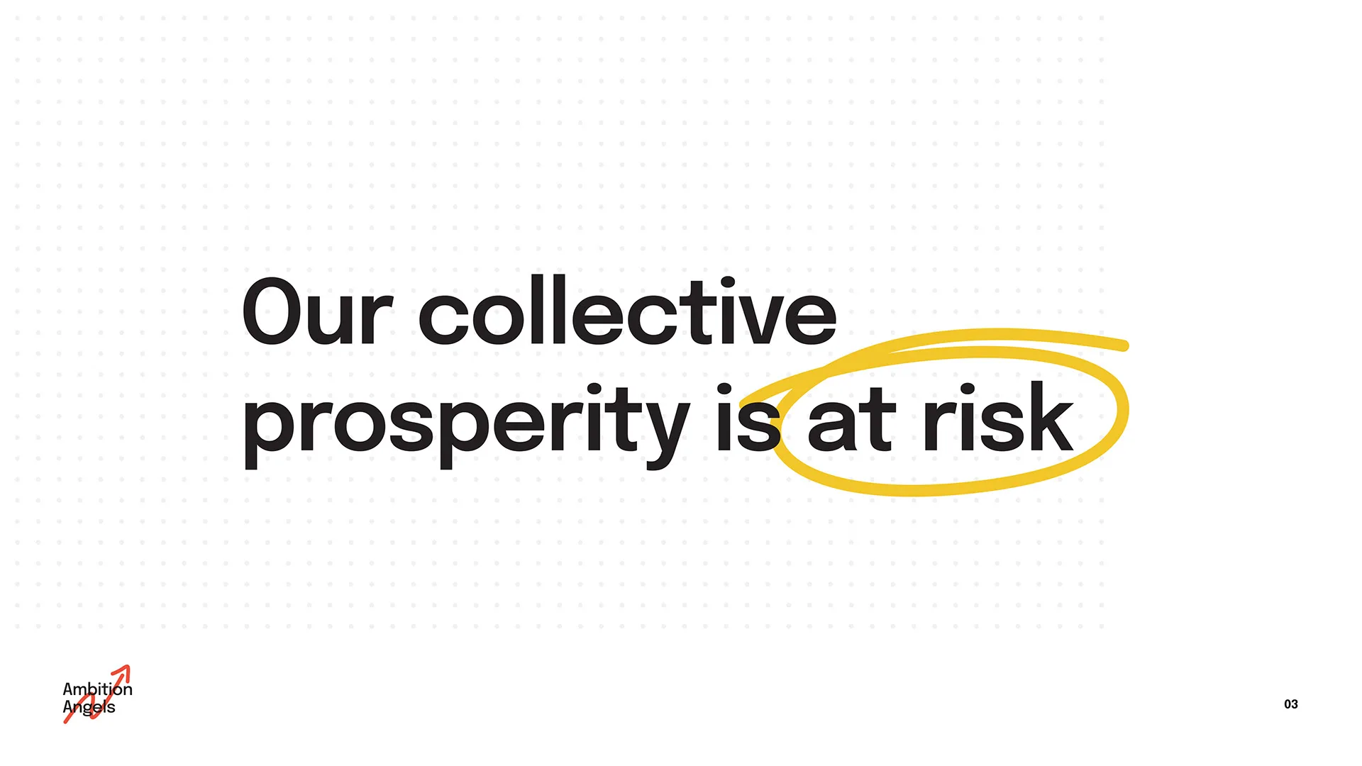 Slide with bold headline our collective prosperity is at risk, the words at risk circled in yellow